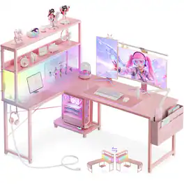 AODK - Reversible L-Shaped Gaming Desk with LED Light, Power Outlet, Shelf, Storage Bag and Hook - Pink