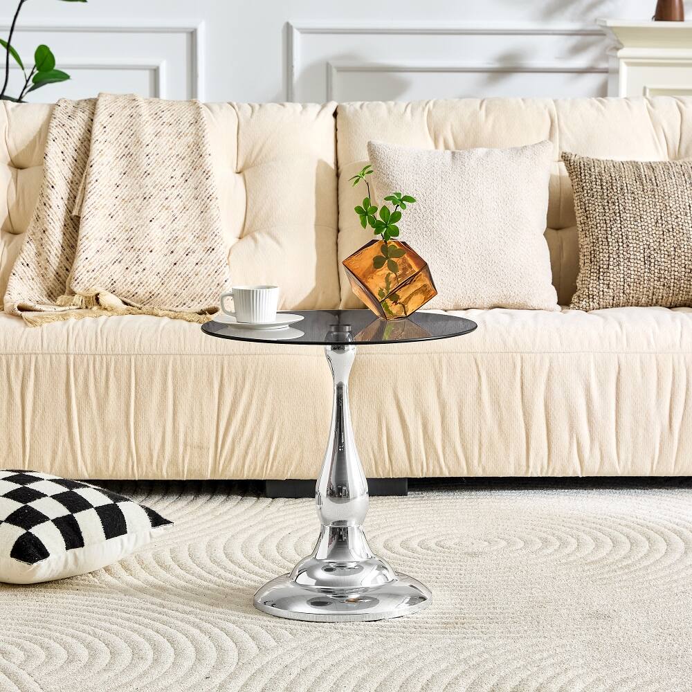 Back. Loheer - Loheer Small Metal Side Table Silver Round Glass Top End Table - Silver.