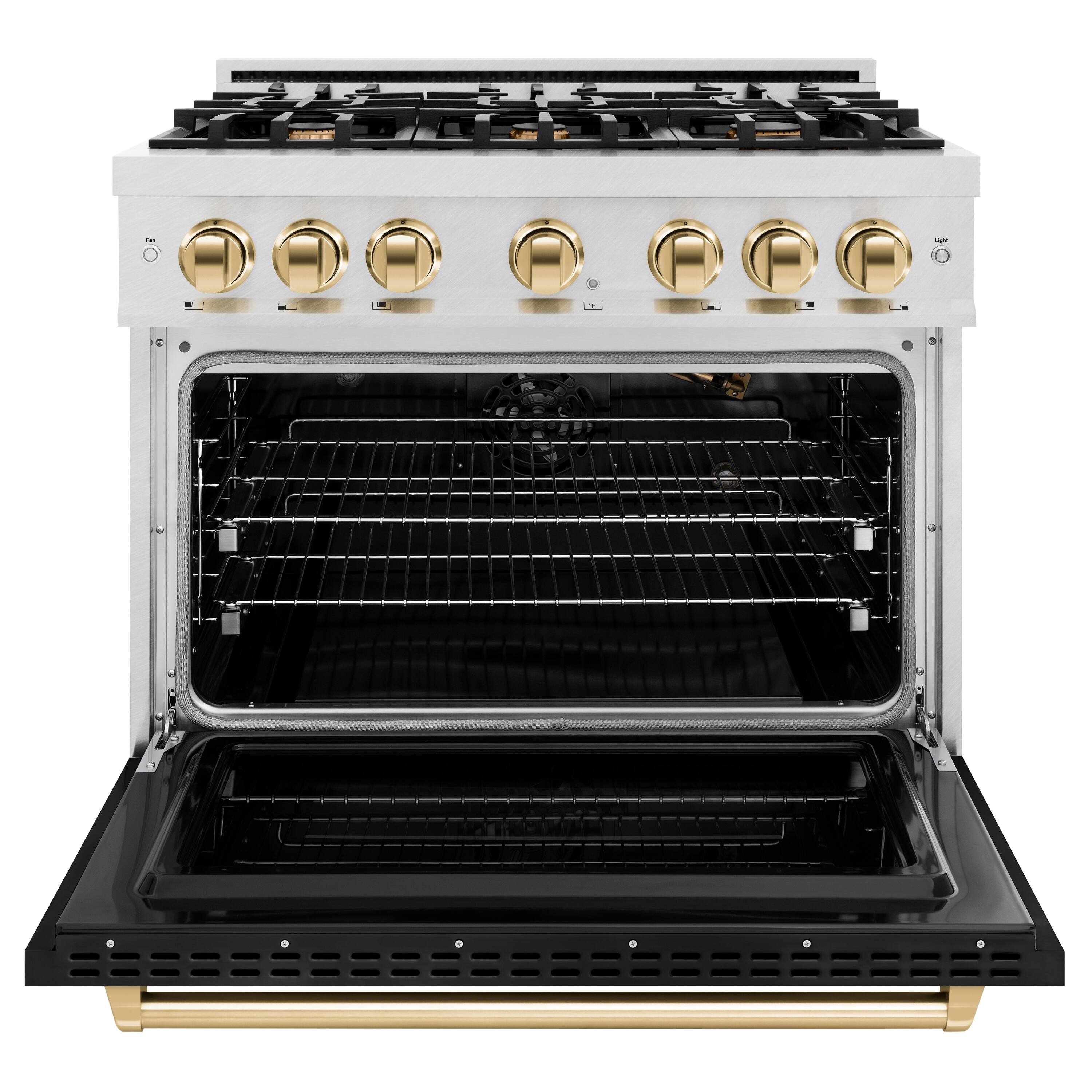 Angle. ZLINE - ZLINE Autograph 36 in. Classic Satin Steel Gas Range with Gold Accents (CGRSZ-BLM-36-G) - White.