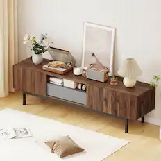Front. Costway - Costway TV Stand for TVs up to 80" with Drawer Cable Hole Metal Legs Entertainment Center - Walnut & Gray.