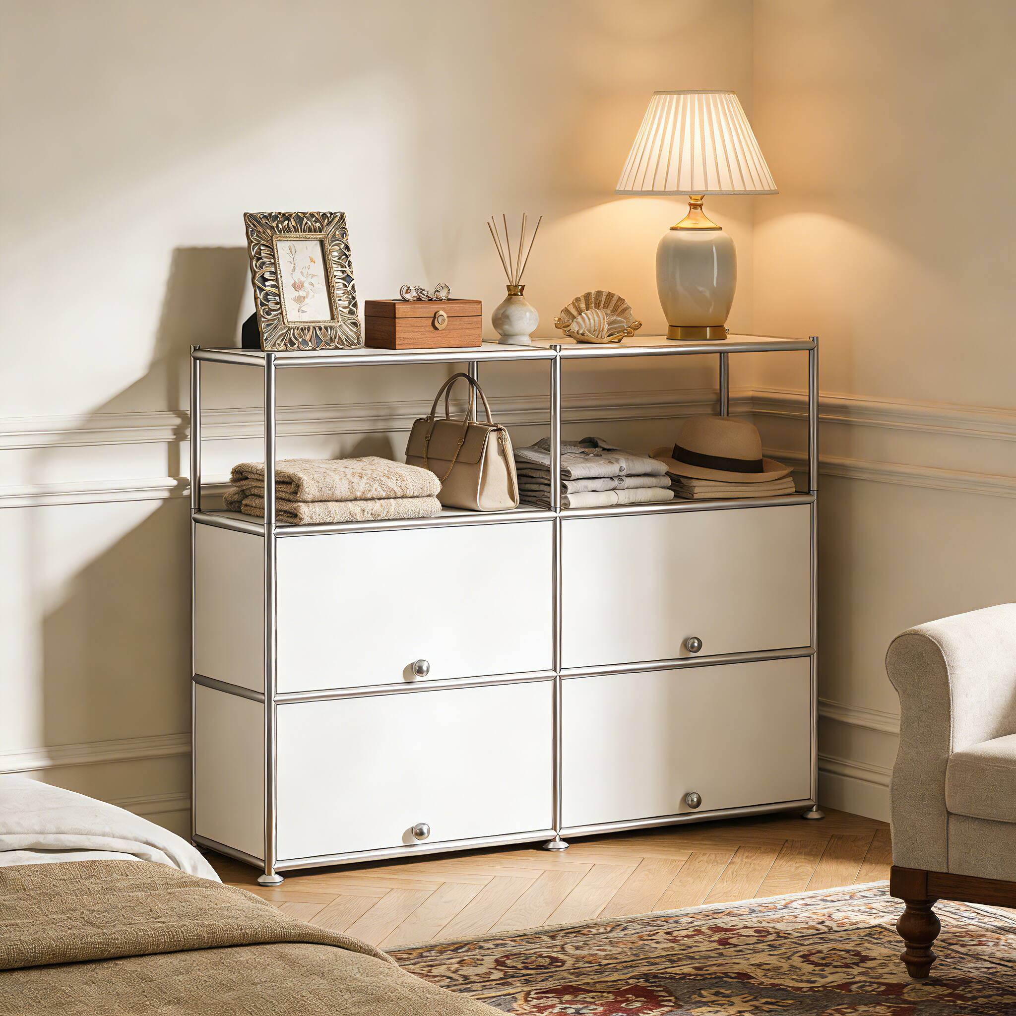 Alt View 4. Malletson - Sideboard Buffet Storage Cabinet with Double Drawers and Metal Frame, Multi-Purpose Kitchen Organizer for Dining Room - White.