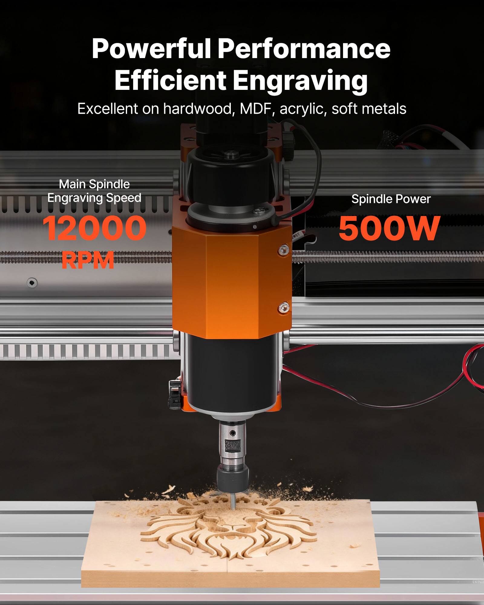 Powerful Performance Efficient Engraving  
Excellent on hardwood, MDF, acrylic, soft metals  

Main Spindle Engraving Speed 12000 RPM  
Spindle Power 500W