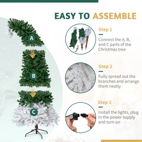 EASY TO ASSEMBLE

Step 1  
Connect the A, B, and C parts of the Christmas tree

Step 2  
Fully spread out the branches and arrange them neatly

Step 3  
Install the lights, plug in the power supply and turn on