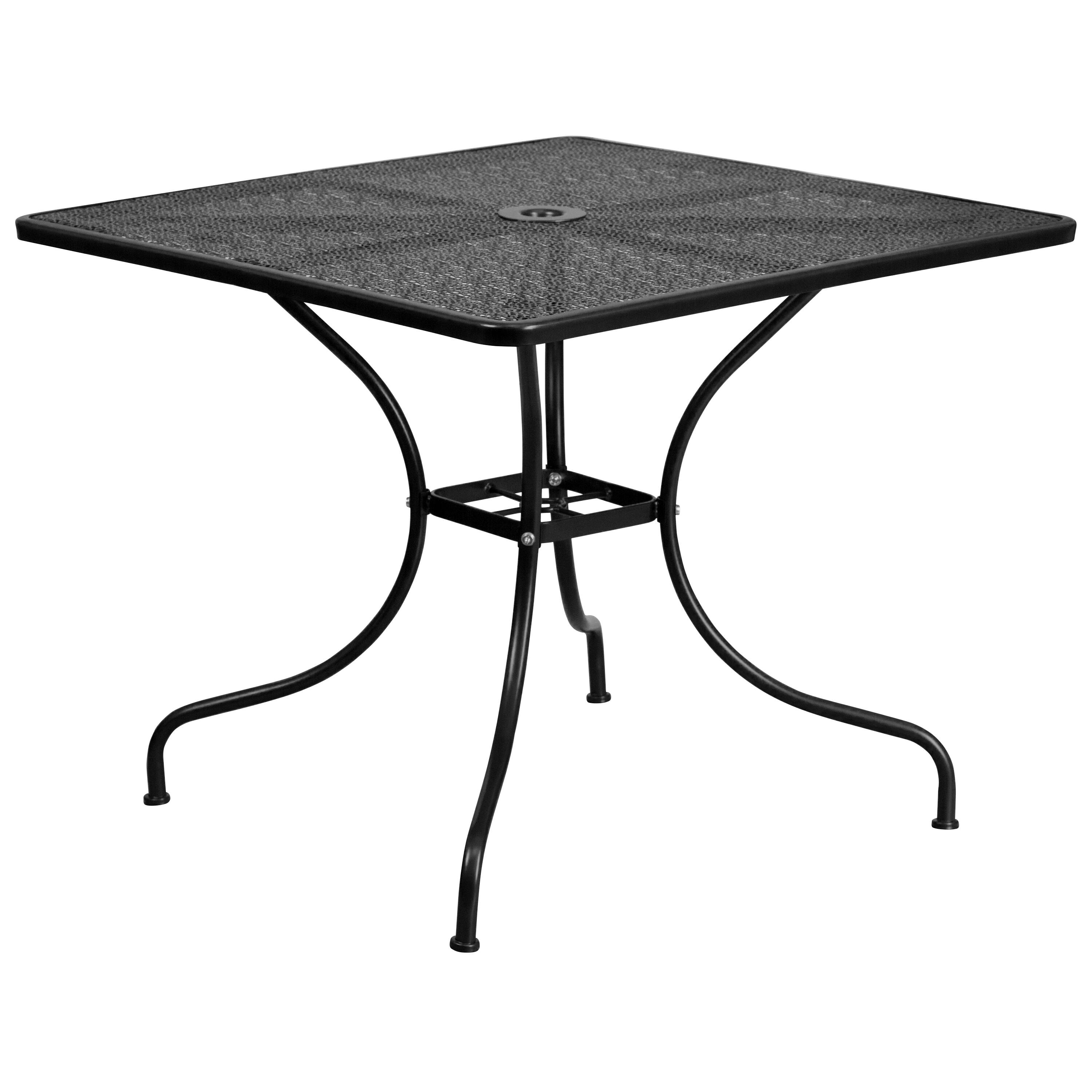 Alt View 4. Emma + Oliver - Commercial Grade 35.5" Square Metal Garden Patio Table Set, 4 Square Back Chairs - Black.