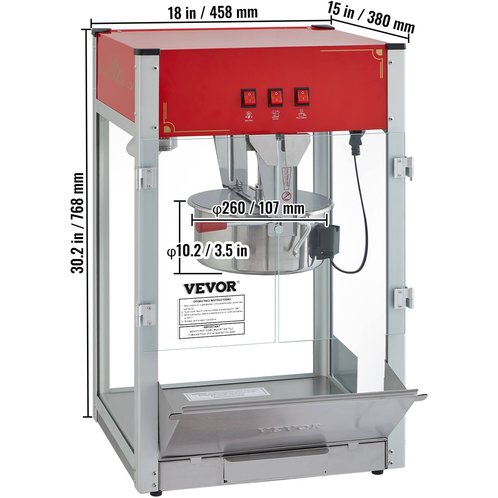 18 in / 458 mm  
15 in / 380 mm  
30.2 in / 768 mm  
260/107 mm / 10.2/3.5 in  
VEVOR  
INQ: 2001SM-CNLYW00  
IMPORTANT: NEVER TURN METAL OF  
INFORTANT: NEVER MY 2219 WUORTABITTLE @reamin pot