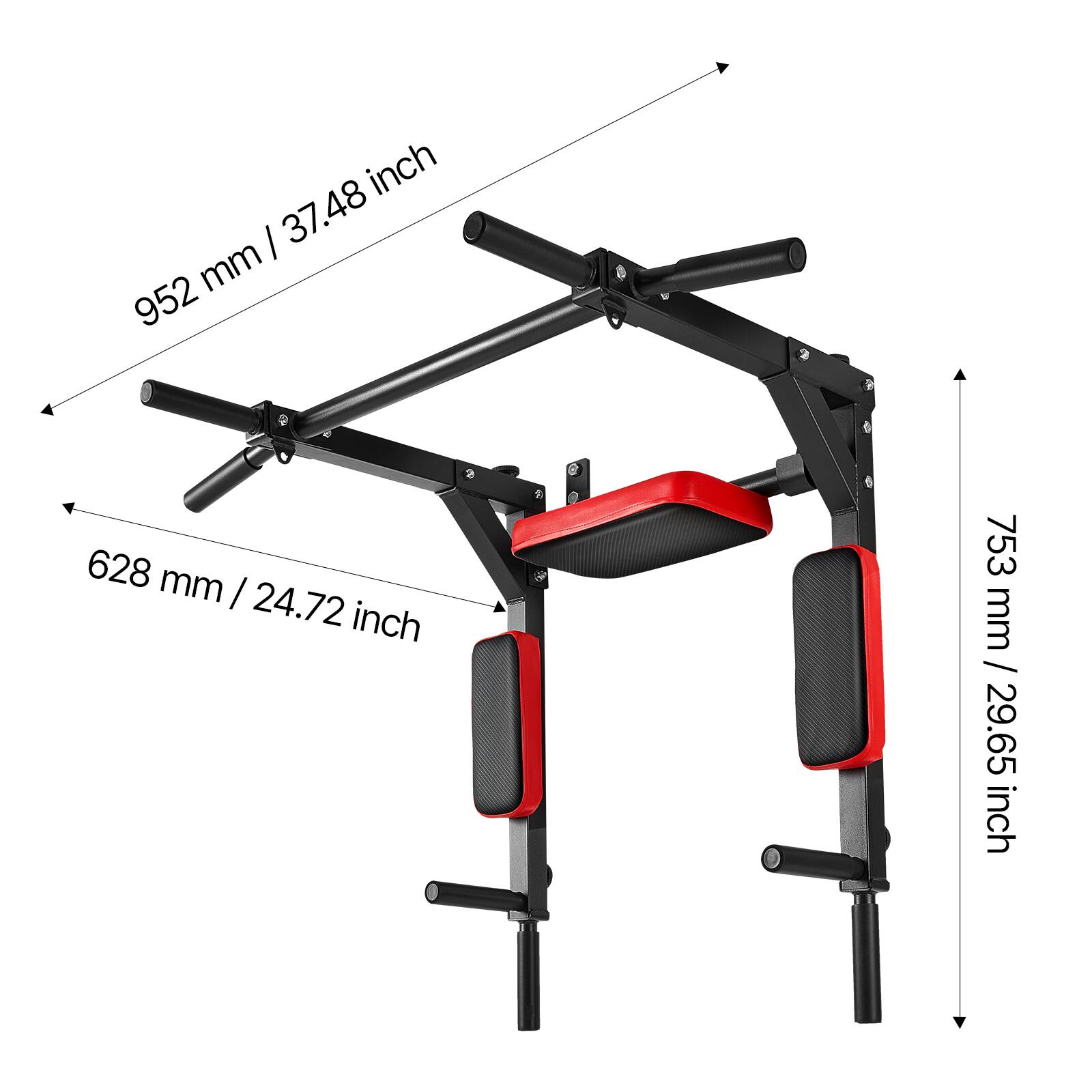 The corrected text from the image is:

- 52 mm / 2.05 inch
- 37.48 mm
- 952 mm / 37.5 inch
- 628 mm / 24.72 inch
- 753 mm / 29.65 inch
- 1335 mm / 52.5 inch