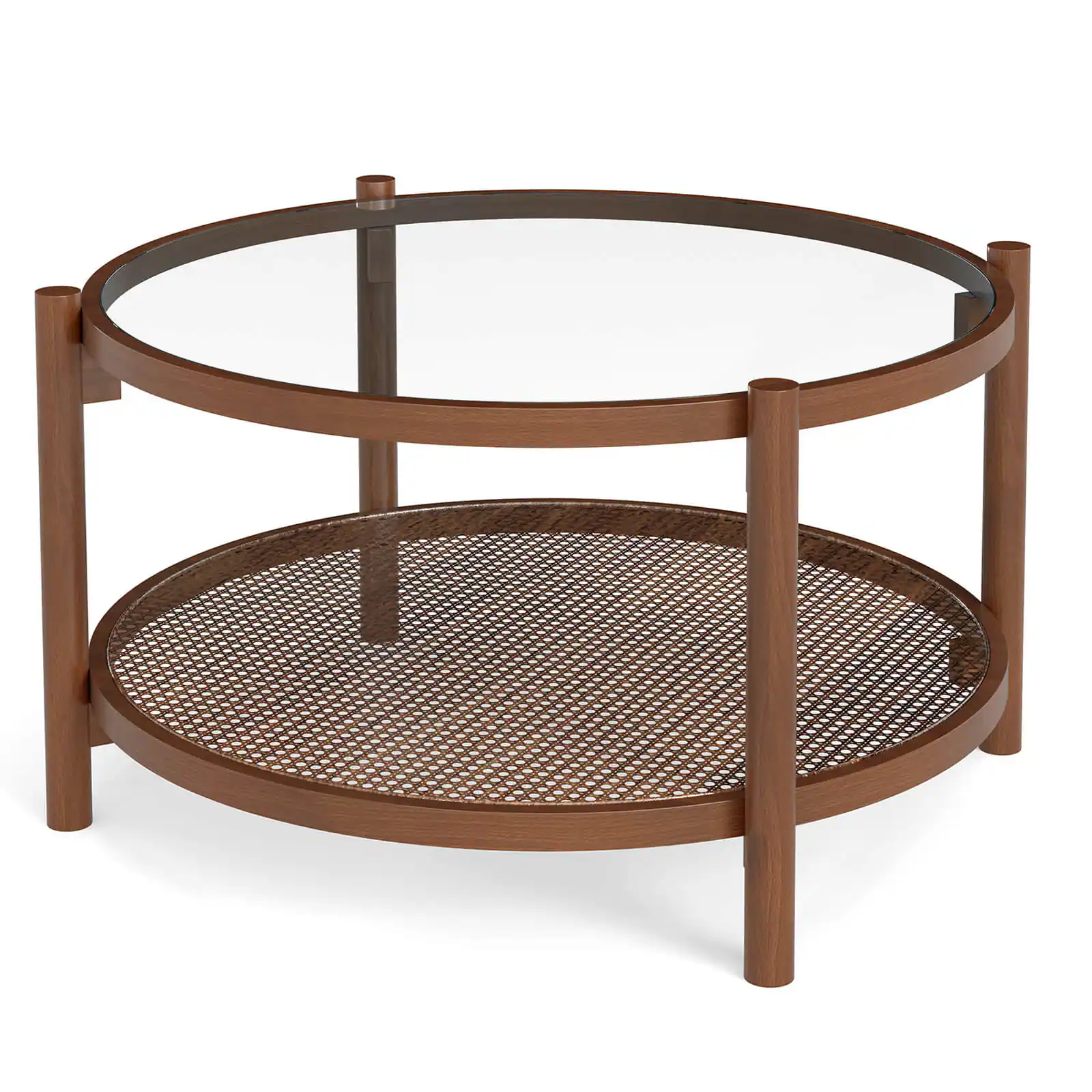 Costway - Wooden 31" Round Coffee Table with Tempered Glass Top Handmade Rattan Shelf - Brown