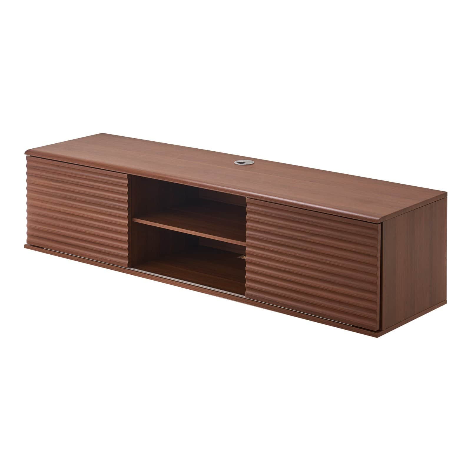 Glintex - Floating TV Stand, 60" Wall Mounted Entertainment Center, Sliding Doors, Adjustable Shelves, Two-Tier Media Storage - Walnut