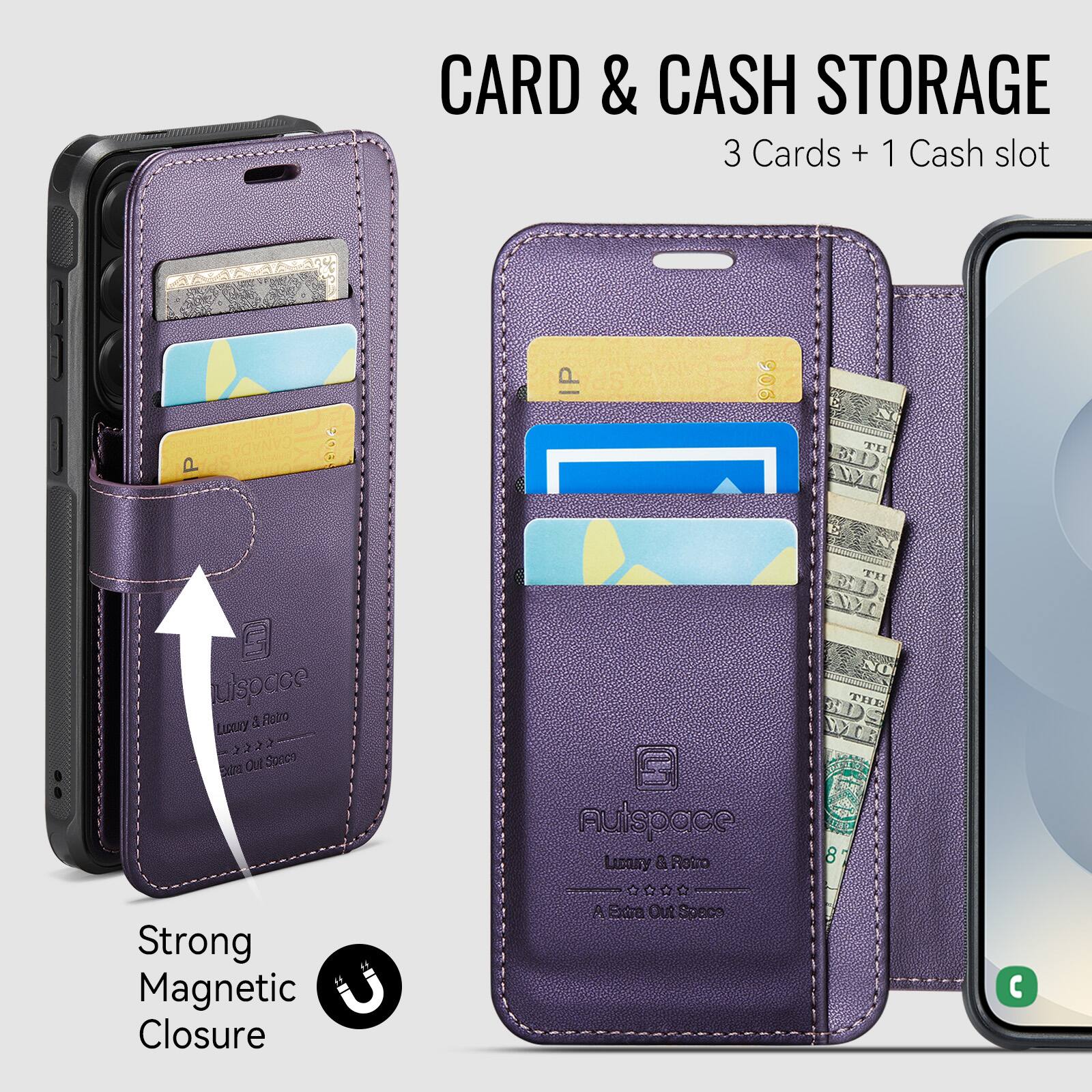 CARD & CASH STORAGE  
3 Cards + 1 Cash slot  

Strong Magnetic Closure  

Auispace  
Luxury & Retro  
A Space Out Space