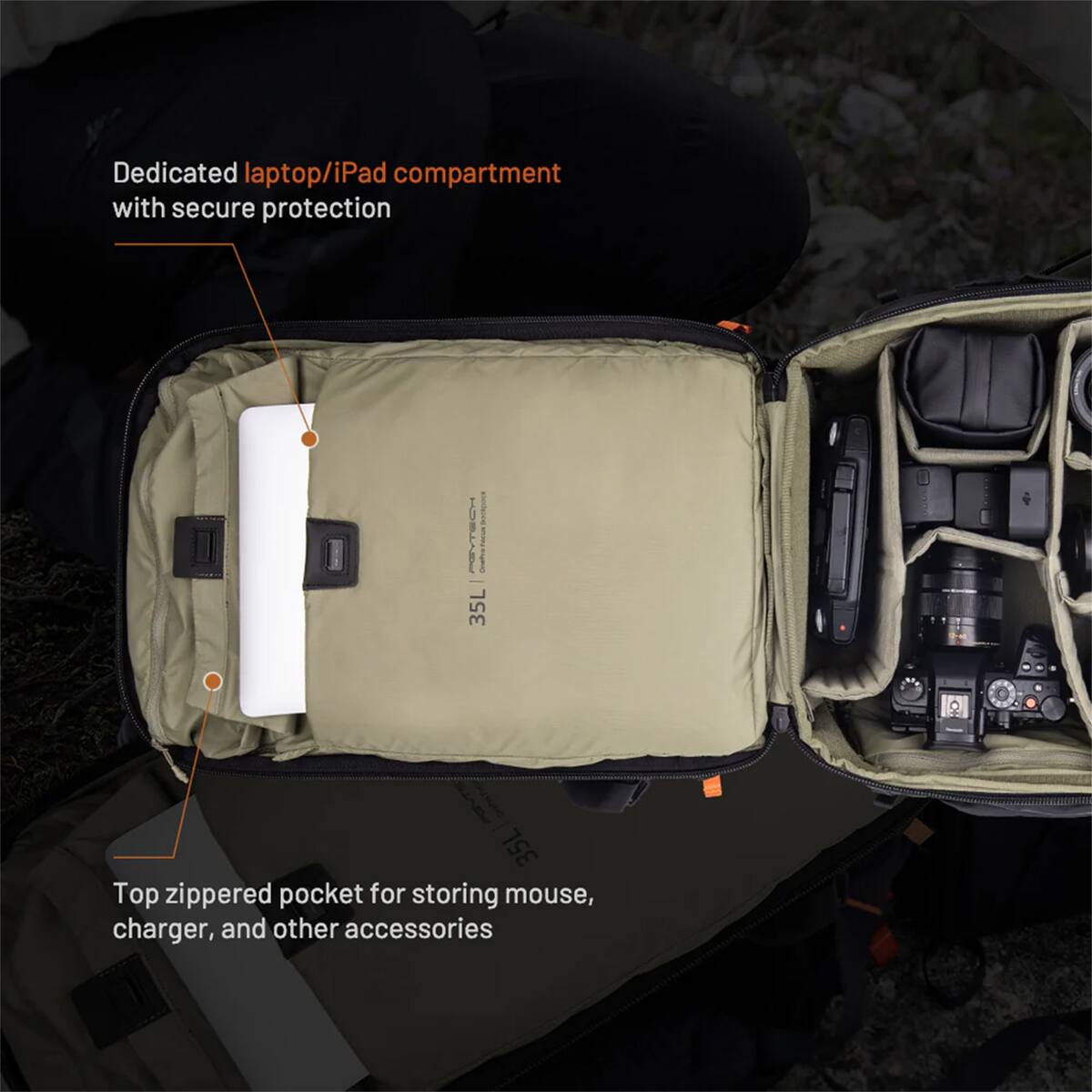 Dedicated laptop/iPad compartment with secure protection

35L

Top zippered pocket for storing mouse, charger, and other accessories