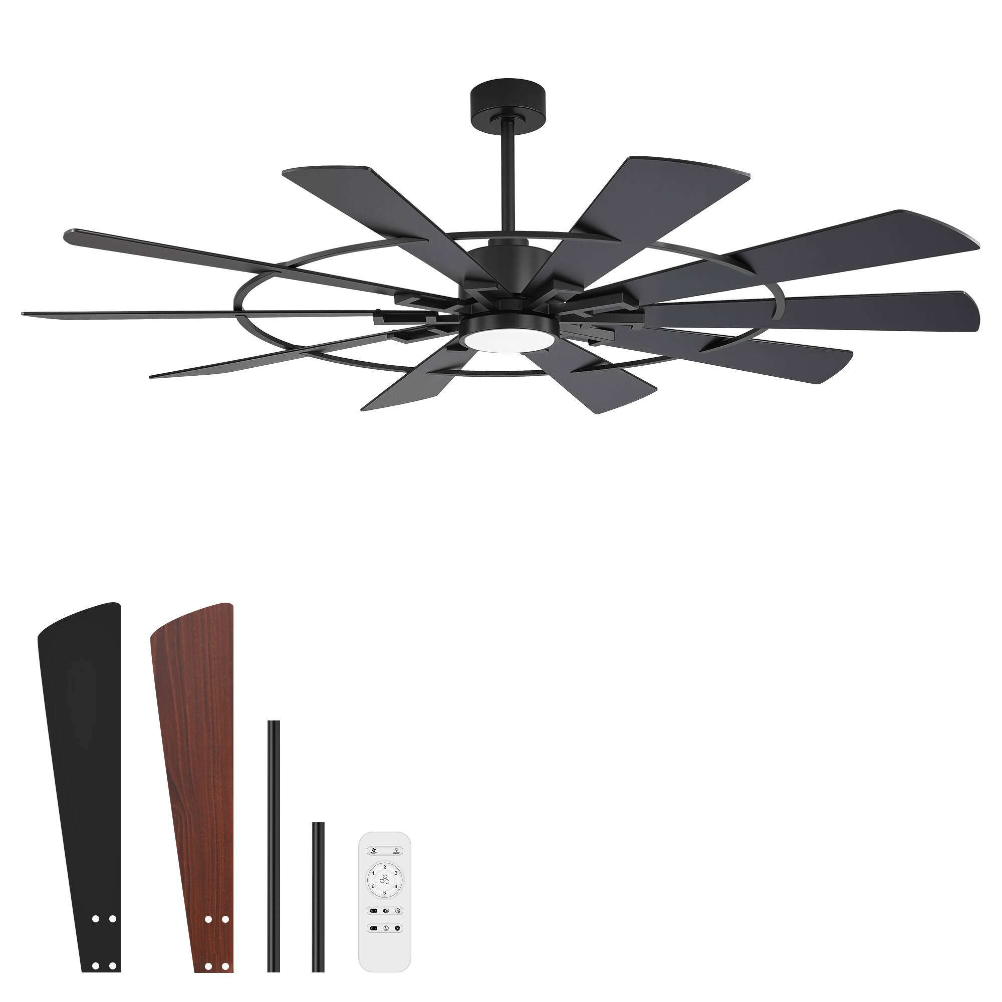 Alt View 8. Breezary - 62-In LED Ceiling Fan with Light, 10 Plywood Blades, 6-Speed DC Motor, Remote, 3CCT, 6"/12" Downrods - 62-inch Black.