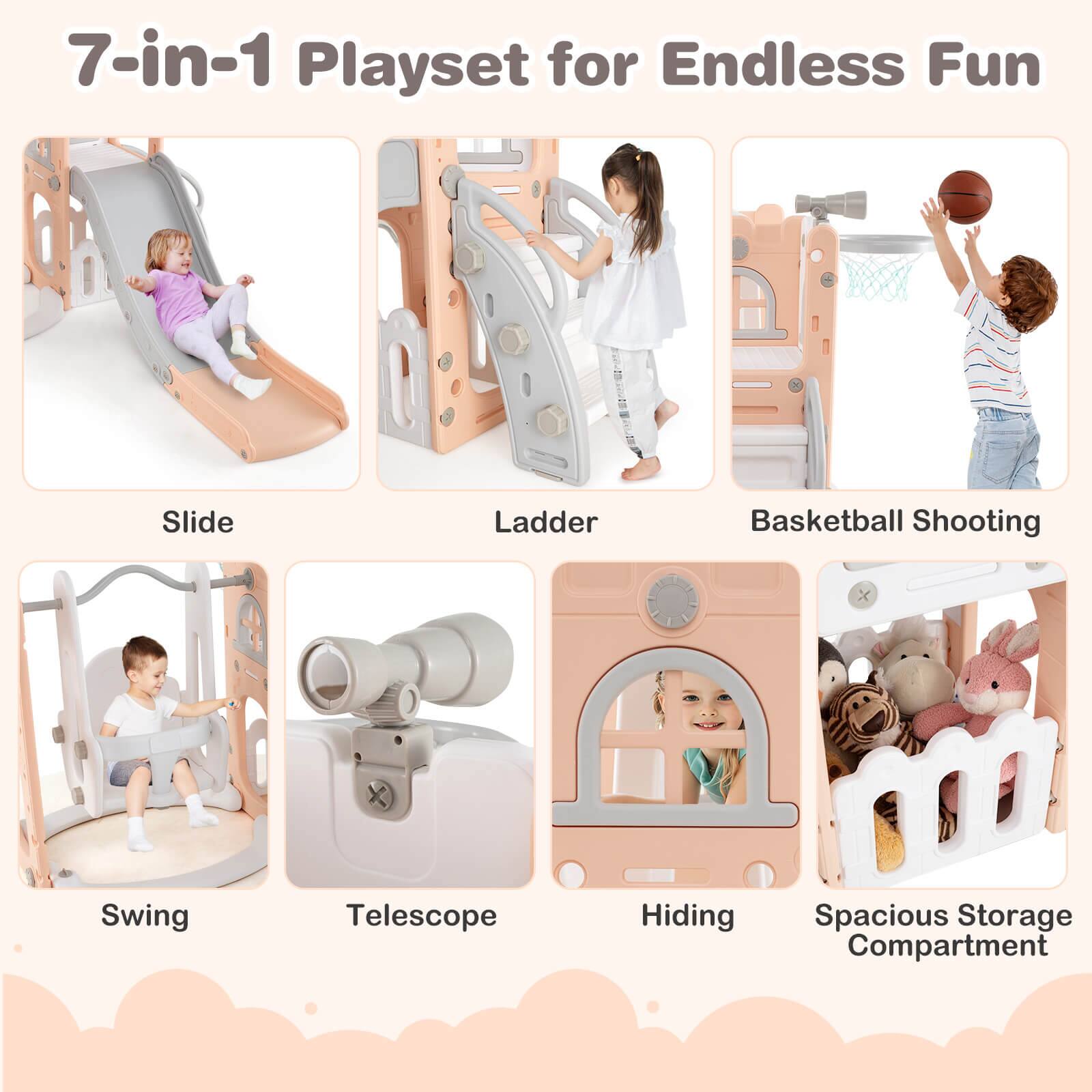 7-in-1 Playset for Endless Fun

- Slide
- Ladder
- Basketball Shooting
- Swing
- Telescope
- Hiding
- Spacious Storage Compartment