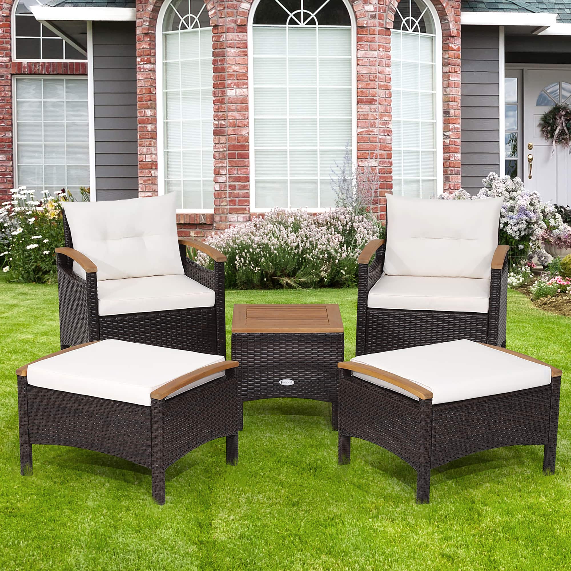 Gymax - 5PCS Outdoor Patio Rattan Furniture Set PE Wicker Lounge Chair w/ Wood Tabletop - Off White price history on PriceWatchPro