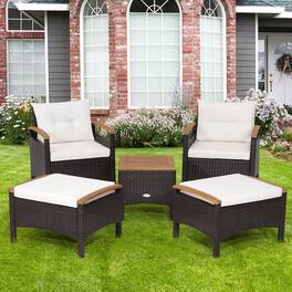 Gymax - 5PCS Outdoor Patio Rattan Furniture Set PE Wicker Lounge Chair w/ Wood Tabletop - Off White