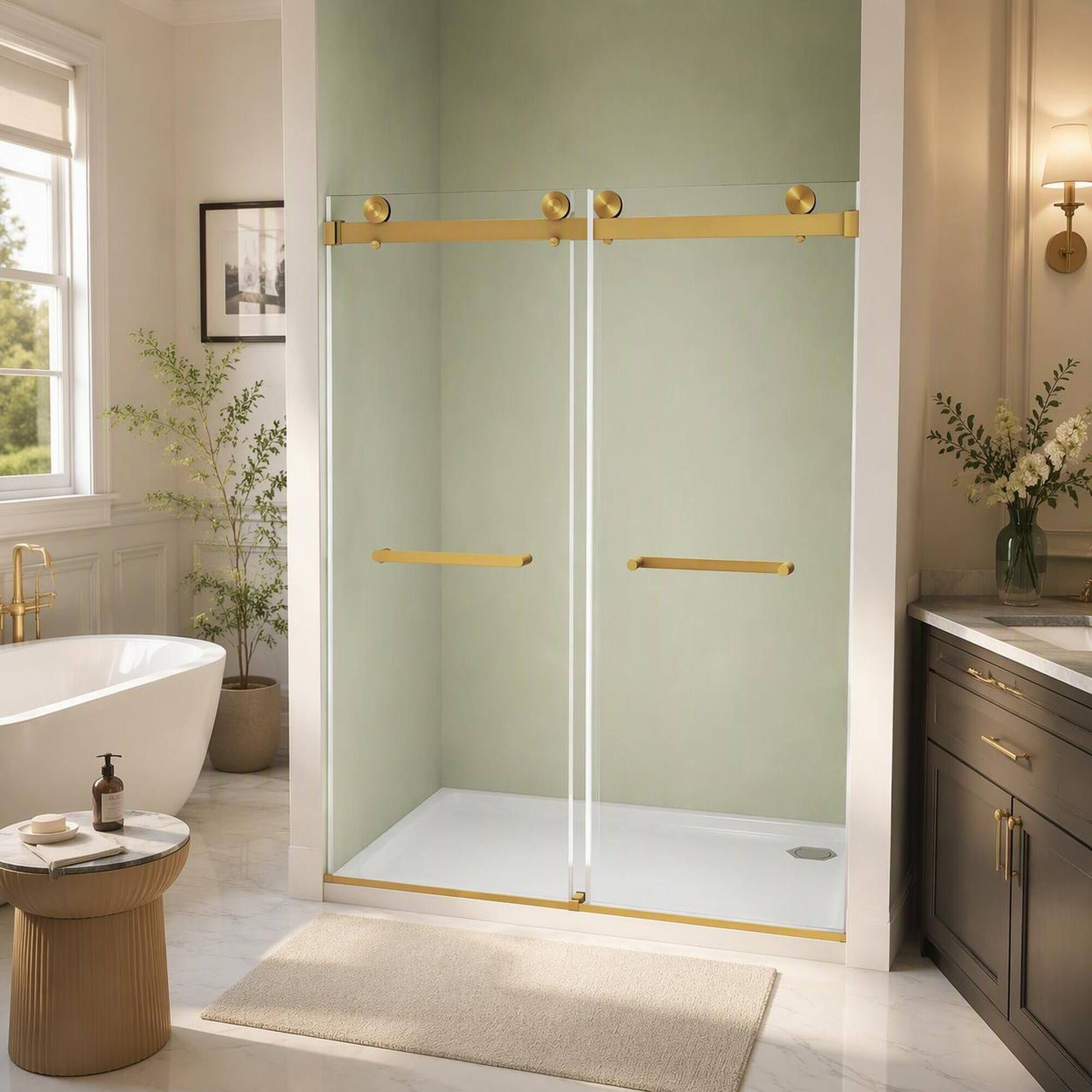 Left. RYHNUYNE - Frameless Double Sliding Shower Door 44-48" W X 74" H With 5/16" Tempered Glass, Brushed Gold Hardware - Brushed Gold.
