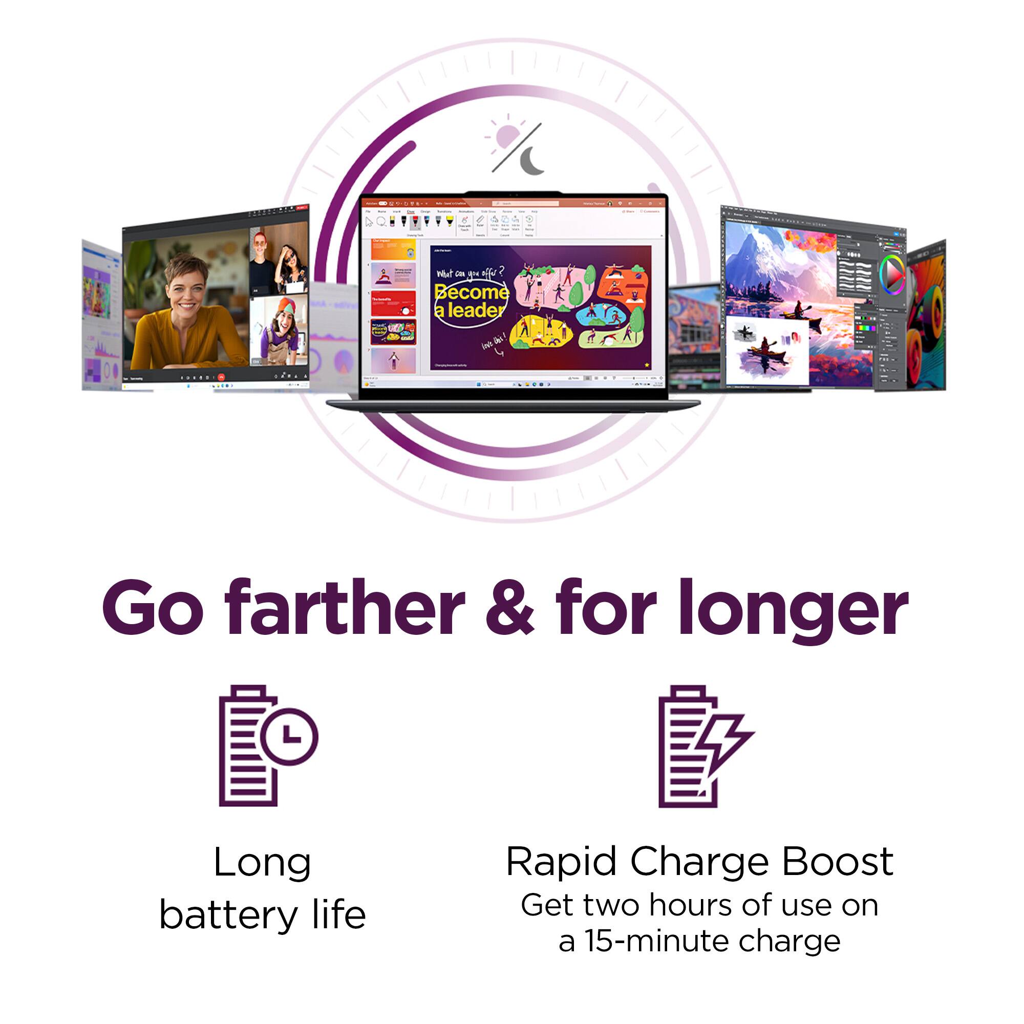 E0 18 - - - | | - ee I T ada Hut -N f 7  Become a leader -  -  in - | Go farther & for longer Long battery life Rapid Charge Boost Get two hours of use on a 15-minute charge