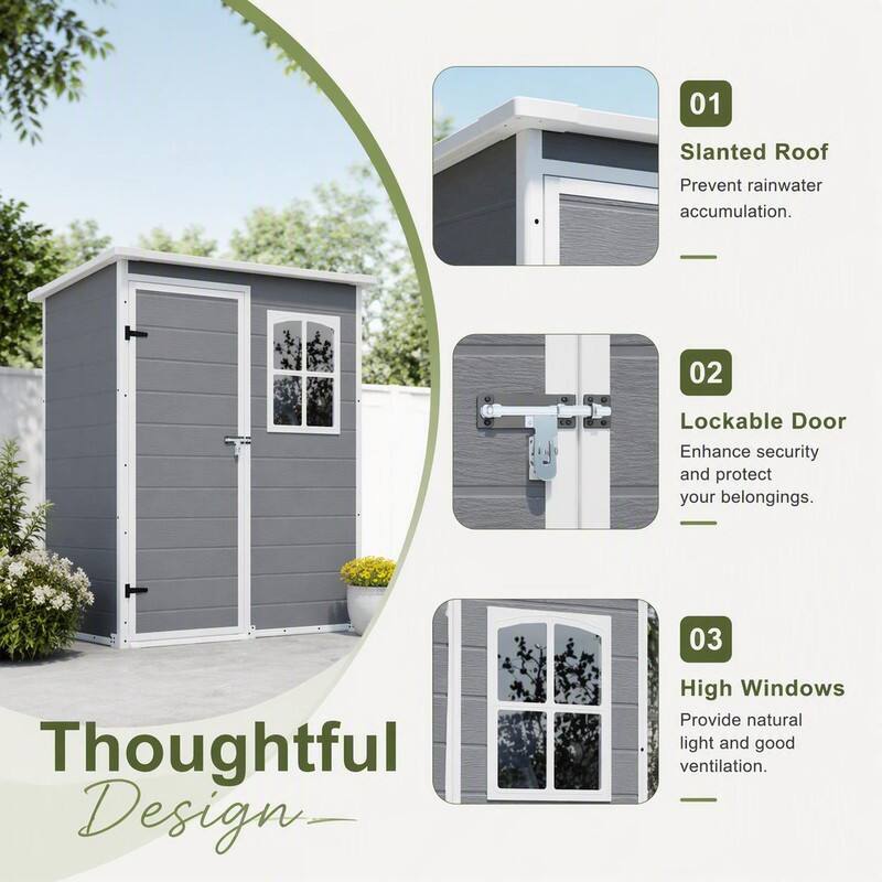 01
Slanted Roof
Prevent rainwater accumulation.
02
Lockable Door
Enhance security and protect your belongings.
03
Thoughtful Design
High Windows
Provide natural light and good ventilation.