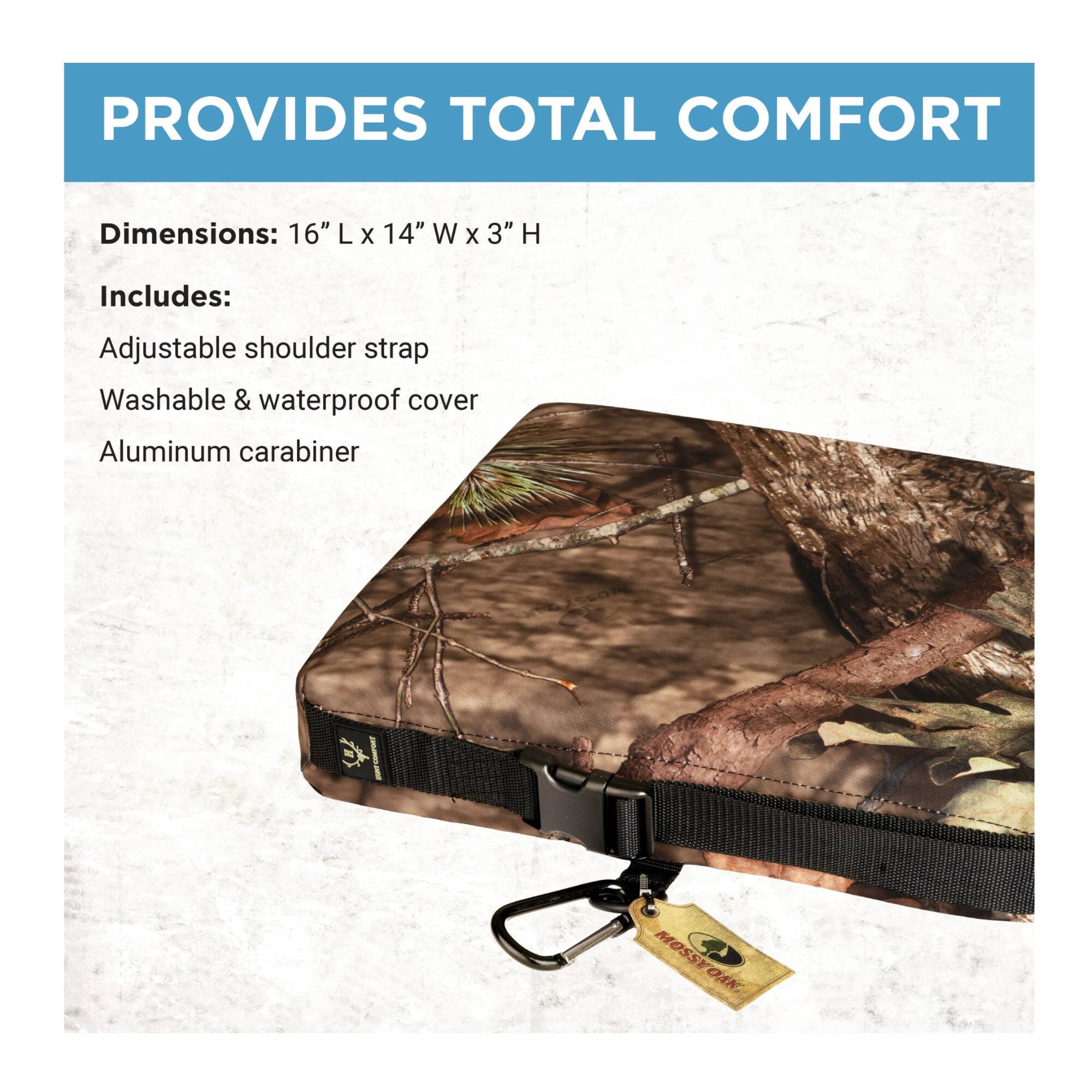 PROVIDES TOTAL COMFORT

Dimensions: 16" L x 14" W x 3" H

Includes:
- Adjustable shoulder strap
- Washable & waterproof cover
- Aluminum carabiner