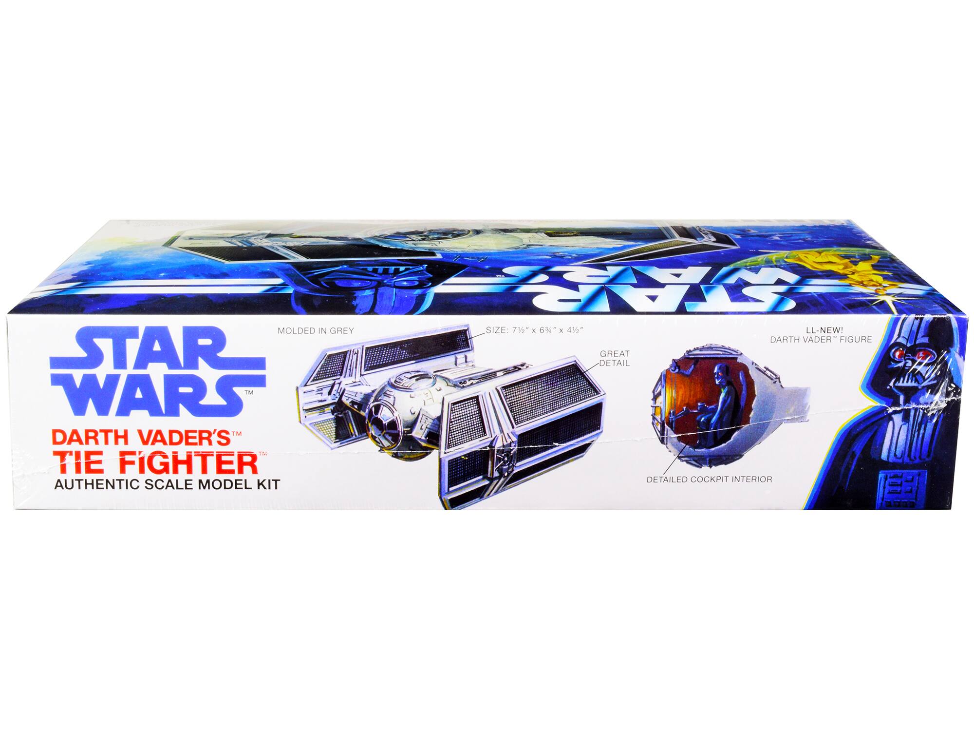 STAR WARS  
DARTH VADER'S TIE FIGHTER  
AUTHENTIC SCALE MODEL KIT  

MOLDED IN GREY  
SIZE: 7 1/2" x 6 1/2" x 4 1/2"  

LL-NEW!  
DARTH VADER FIGURE  

GREAT DETAIL  
DETAILED COCKPIT INTERIOR