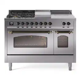 ILVE - Nostalgie II Series 48 in. Dual Fuel Range with 5 Sealed Burners + Griddle (Natural Gas, Burnished Trim) - Stainless Steel