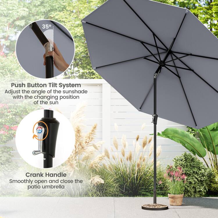 35° Push Button Tilt System: Adjust the angle of the sunshade with the changing position of the sun. Crank Handle: Smoothly open and close the patio umbrella.