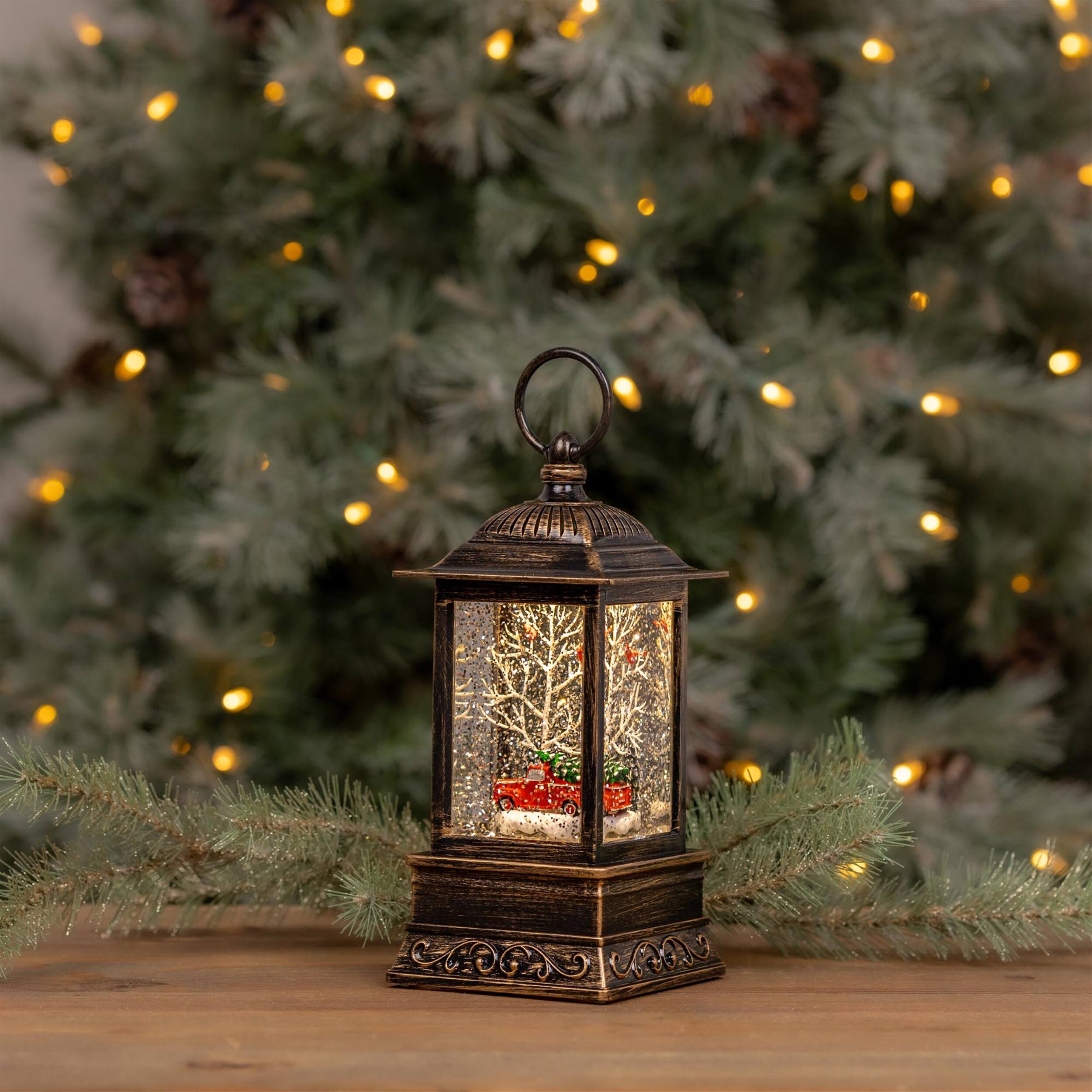 Left. BreeBe - LED Snow Globe Lantern with Truck and Forest Scene 10.25"H - Red, Green, White.