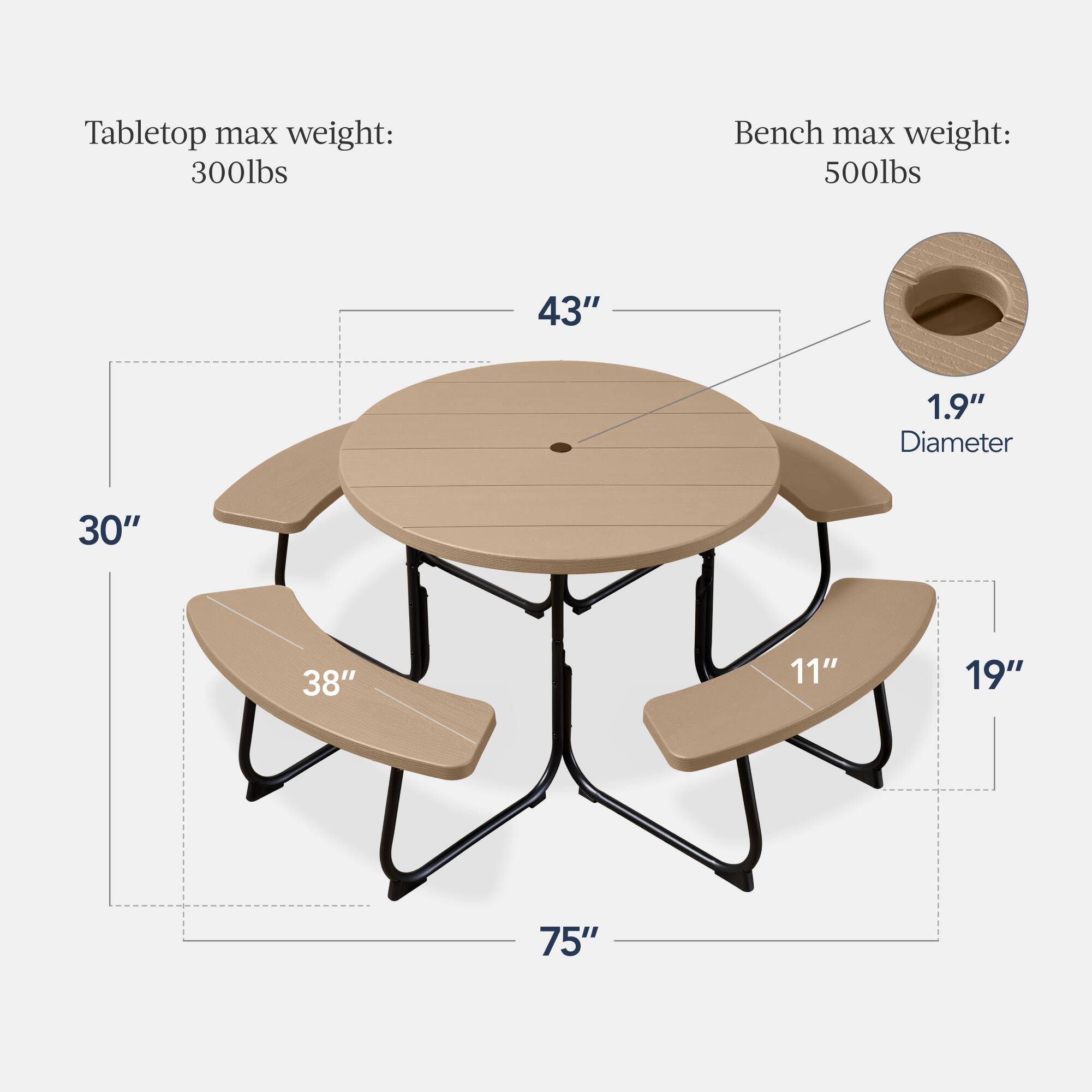 Tabletop max weight: 300lbs  
Bench max weight: 500lbs  

43"  
1.9" Diameter  
30"  
38"  
11"  
19"  
75"