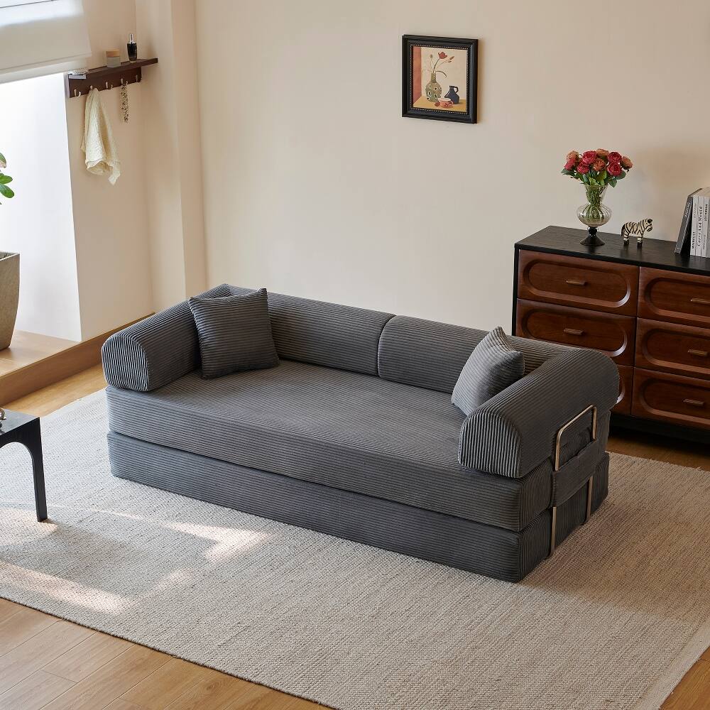 Back. Loheer - Loheer 78.8" Compression Sofa Floor Sofa Bed Grey Corduroy Futon Couch Modular Sectional Sofa - Grey.