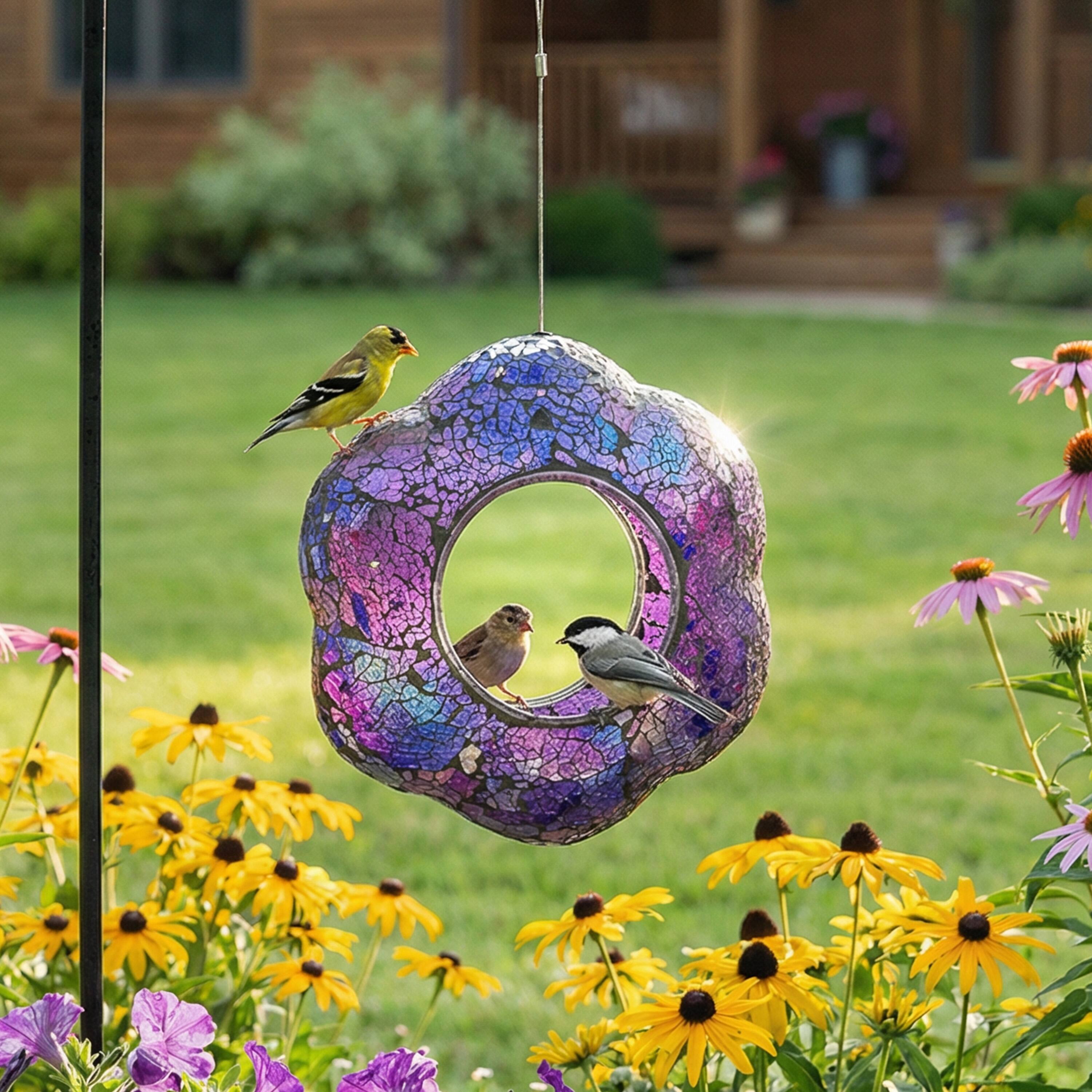 Alt View 8. Sunnydaze - Glass Fly-Through Hanging Bird Feeder - 10 in - Iridescent Purple Flower.