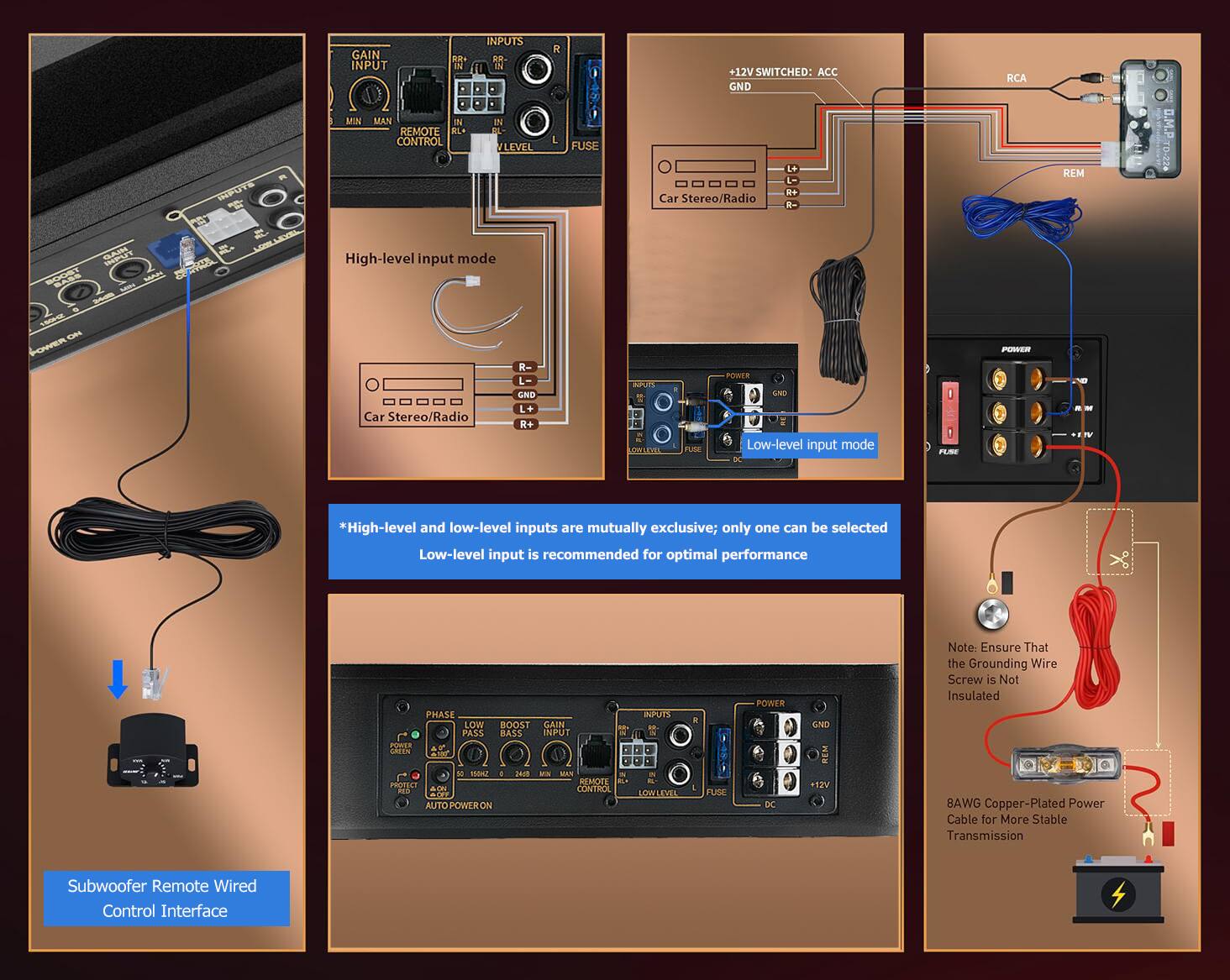 Sure, here is the corrected and grouped text from the image:

---

**High-level input mode**

- Car Stereo/Radio
  - R+
  - L+
  - GND

**Low-level input mode**

- Car Stereo/Radio
  - RCA
  - REM

*High-level and low-level inputs are mutually exclusive; only one can be selected. Low-level input is recommended for optimal performance.

**Subwoofer Remote Wired Control Interface**

**Note: Ensure That the Grounding Wire Screw is Not Insulated**

**8AWG Copper-Plated Power Cable for More Stable Transmission**

**Subwoofer Remote Wired Control Interface**

**Inputs**

- R
- L
- GND

**Power**

- +12V
- GND

**Gain Input**

- MIN
- MAN
- REM
- CONTROL

**Phase**

- LOW
- BOOST
- GAIN

**Auto Power On**

**Remote Control**

- REM
- +12V

**Inputs**

- R
- L
- FUSE

**Low-level input mode**

- Car Stereo/Radio
  - L+
  - L-
  - R+
  - R-

**+12V SWITCHED: ACC
