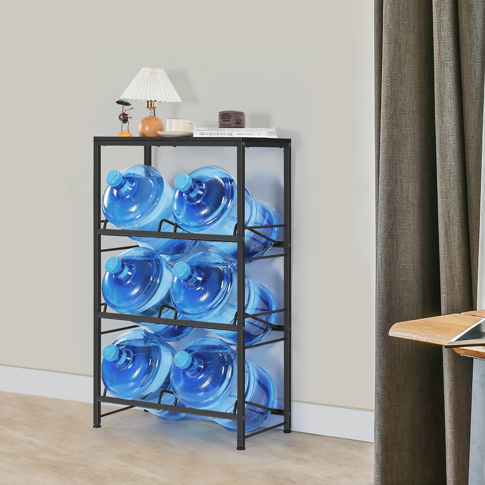 Alt View 2. Oumilen - 3-Tier Double Row Water Jug Storage Rack with Top Black Wood Shelf,  5 Gallon Water Bottle Organizer for Kitchen Office - Black.