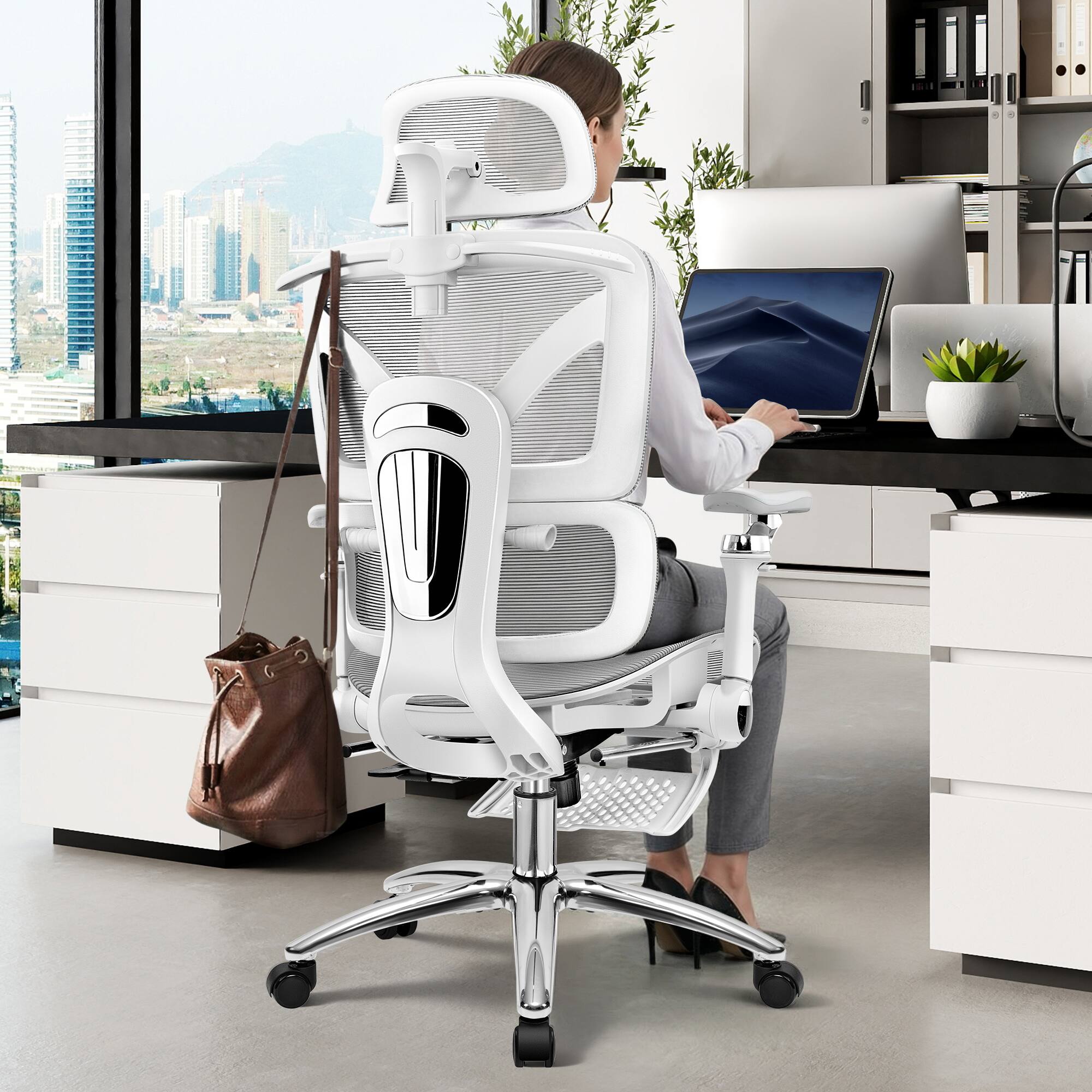 Alt View 6. KERDOM - All in one High-End Ergonomic Office Chair with Footrest Advanced Mesh Cushion, Adjustable Seat Depth Lumbar & Armrest - Light Gray.