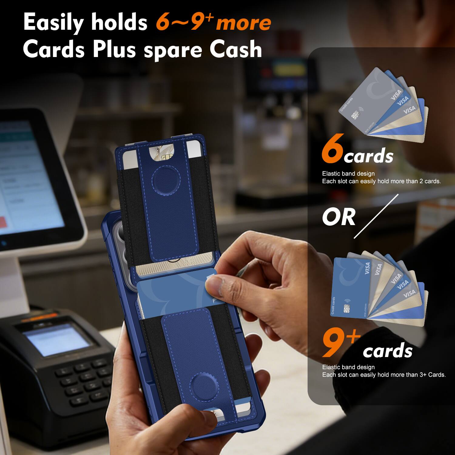 Easily holds 6~9+ more Cards Plus spare Cash

6 cards
Elastic band design
Each slot can easily hold more than 2 cards.

OR

9+ cards
Elastic band design
Each slot can easily hold more than 3+ Cards.