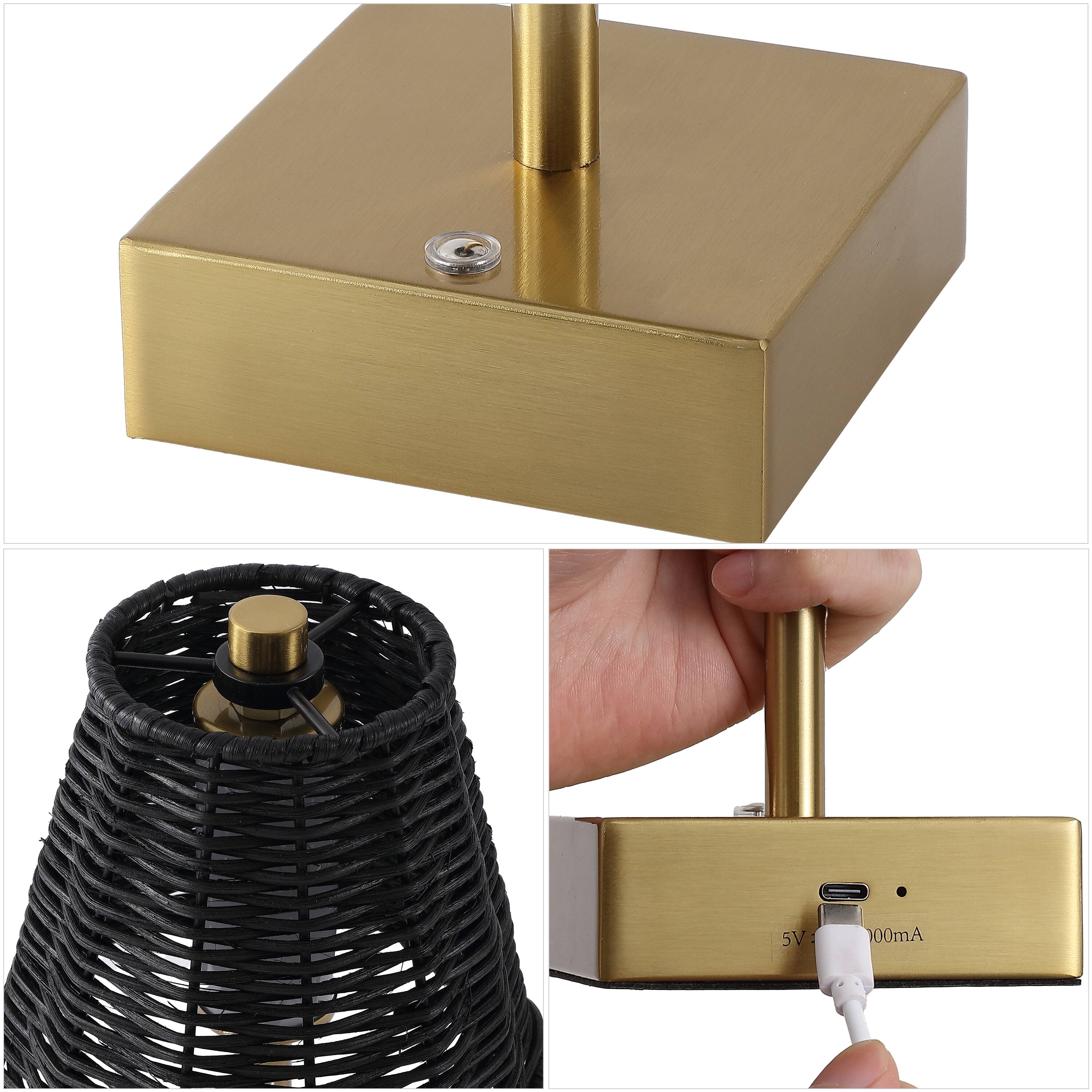 Alt View 4. Jonathan Y - Willow 11" Coastal Bohemian Cordless Rechargeable Table Lamp Set of 2, Brass Gold with Black Rattan Shade, Touch Dimmer - Brass Gold.