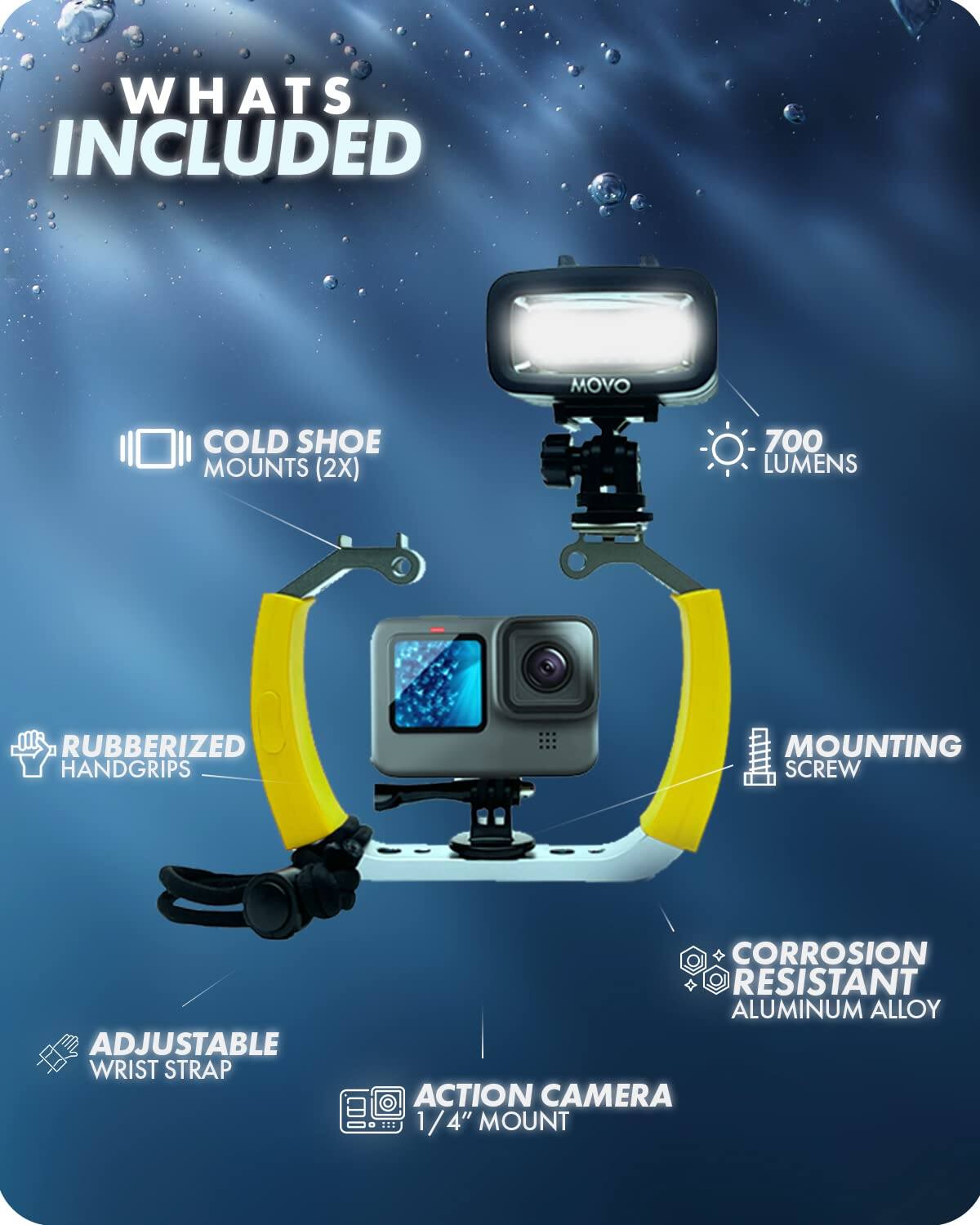 **WHAT'S INCLUDED**

- COLD SHOE MOUNTS (2X)
- 700 LUMENS
- RUBBERIZED HANDGRIPS
- MOUNTING SCREW
- ADJUSTABLE WRIST STRAP
- CORROSION RESISTANT ALUMINUM ALLOY
- ACTION CAMERA ON: 1/4" MOUNT