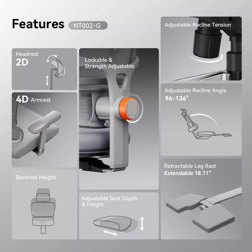 Features NT002-G  
- Adjustable Recline Tension  
- 2D Lockable & Strength Adjustable Headrest  
- 4D Armrest  
- Adjustable Recline Angle 96-136°  
- Backrest Height  
- Retractable Leg Rest Extendable 18.11"  
- Adjustable Seat Depth & Height