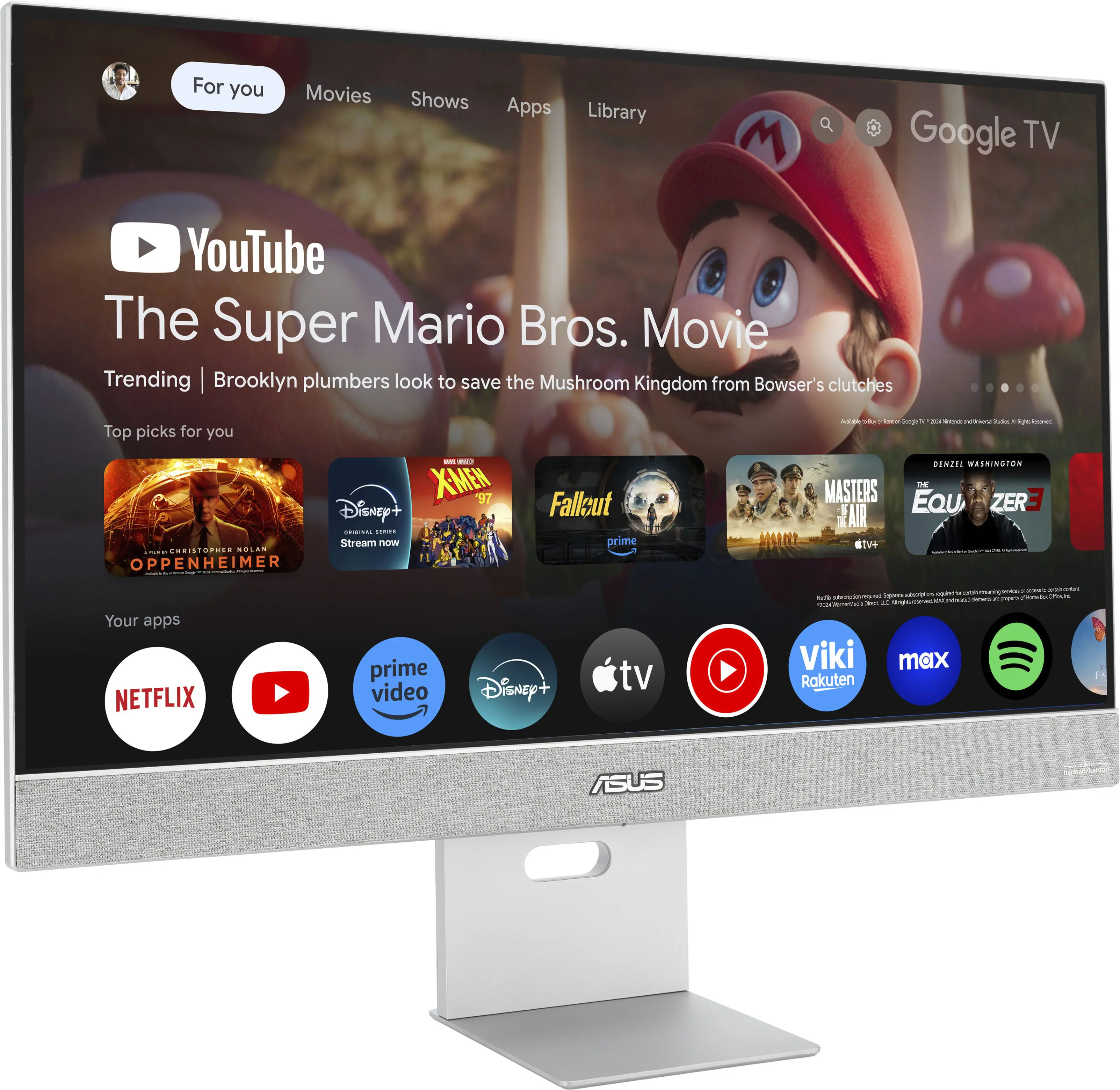 For you: Movies, Shows, Apps, Library, Google TV, YouTube. The Super Mario Bros. Movie. Trending: Brooklyn plumbers look to save the Mushroom Kingdom from Bowser's clutches. Top picks for you: XIMEN 97, Disney+, Netflix, Prime Video, Apple TV+, Hulu, Viki, Max, Rakuten, ASUS.