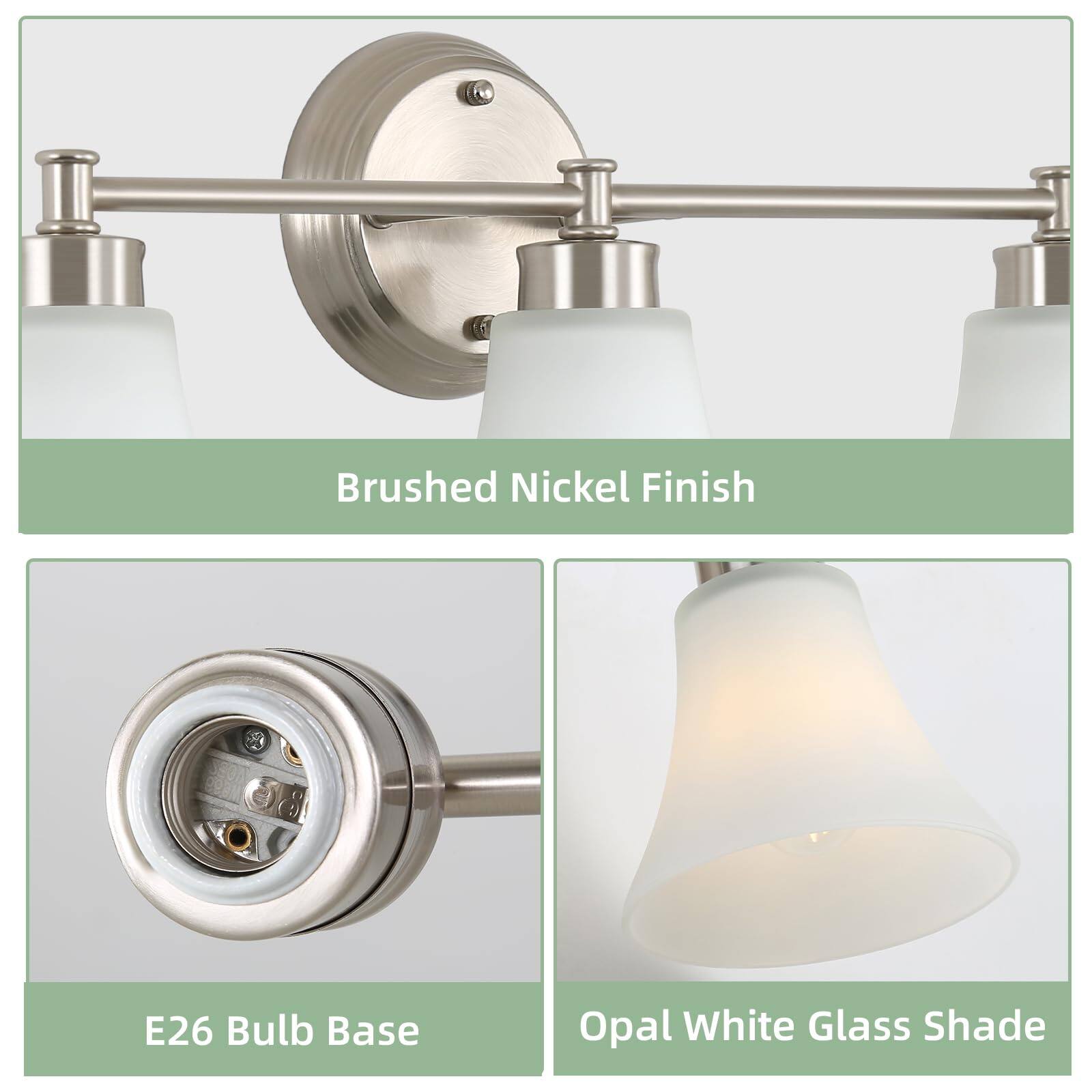 - Brushed Nickel Finish
- E26 Bulb Base
- Opal White Glass Shade