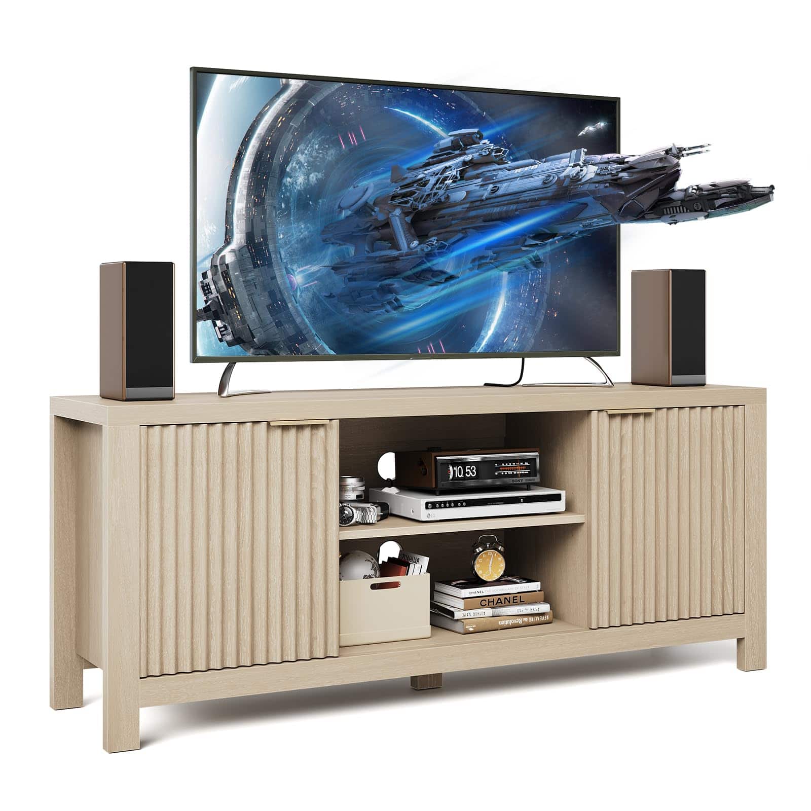 Acekool - 59" TV Stand for TVs Up to 65 Inches, Mid Century Modern TV Entertainment Center with Storage Cabinets - Brown