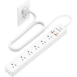 PARKER SLATER - 6FT Power Strip with 7 Outlets, 4 USB (2 USB-C), Flat Plug, 1700J Surge Protector, Wall Mount – - White
