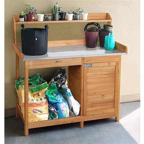 Angle. SlickBlue - Natural Outdoor Fir Wood Potting Bench with Durable Galvanized Steel Top - Natural.