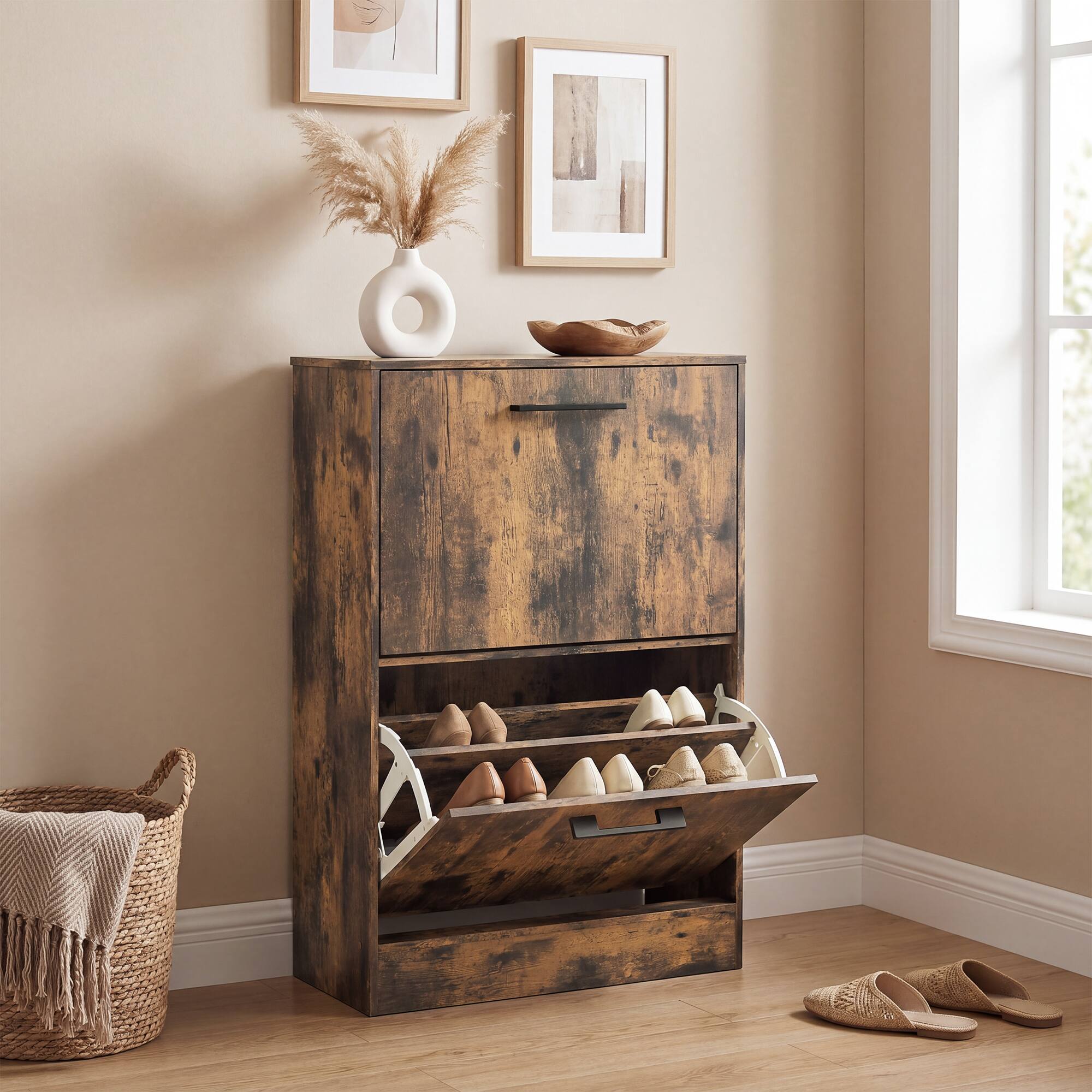 Alt View 8. Homcom - Cabinet 2 Flip Drawers Narrow Shoe Storage Unit Adjustable Dividers Entryway Hallway Rustic - Rustic Brown.