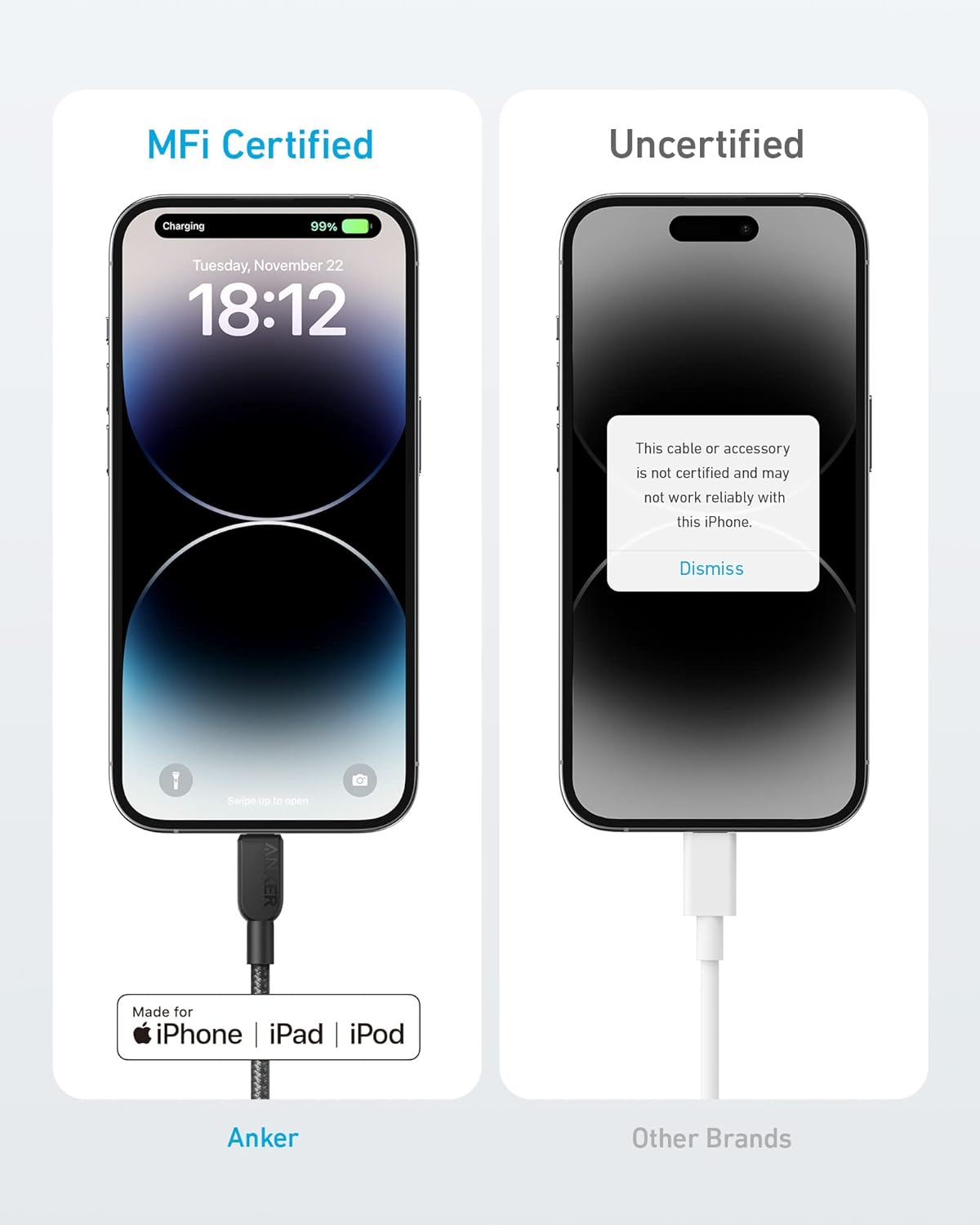 MFi Certified  
Uncertified  

Charging  
99%  
Tuesday, November 22  
18:12  

This cable or accessory is not certified and may not work reliably with this iPhone.  
Dismiss  

Made for iPhone iPad iPod  
Anker  
Other Brands