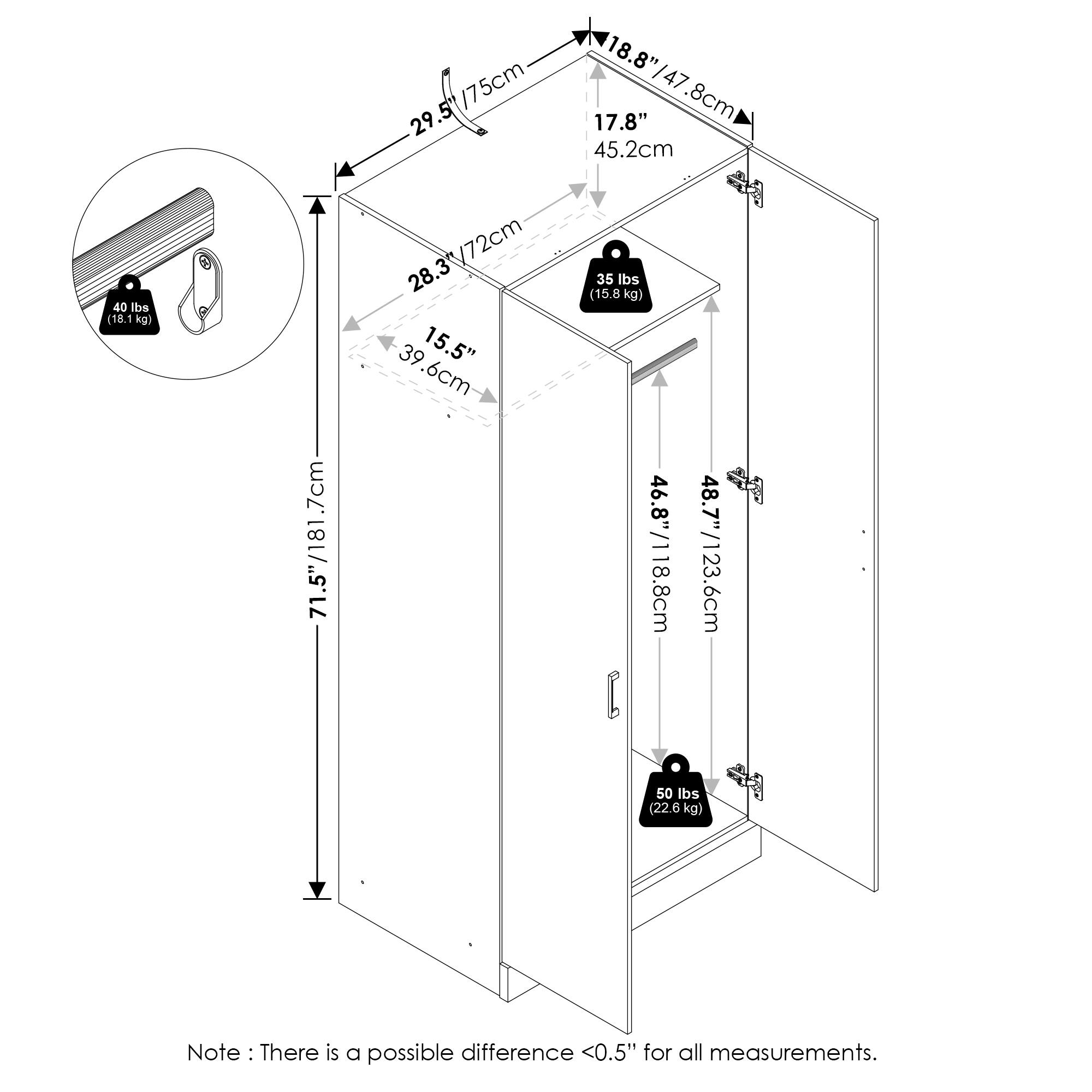 - 75 cm / 29.5"
- 47.8 cm / 18.8"
- 45.2 cm / 17.8"
- 72 cm / 28.3"
- 15.5" / 39.6 cm
- 6 cm
- 71.5" / 181.7 cm
- 46.8" / 118.8 cm
- 48.7" / 123.6 cm
- 40 lbs (18.1 kg)
- 35 lbs (15.8 kg)
- 50 lbs (22.6 kg)

Note: There is a possible difference <0.5" for all measurements.