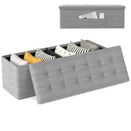 Gymax - 43'' Folding Storage Ottoman Bench w/ Removable Divider & Side Pocket Bedroom Light Grey - Beige