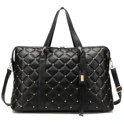 Front. Badgley Mischka - BADGLEY MISCHKA Quilted Vegan Leather Weekender Duffel Bag - Black.