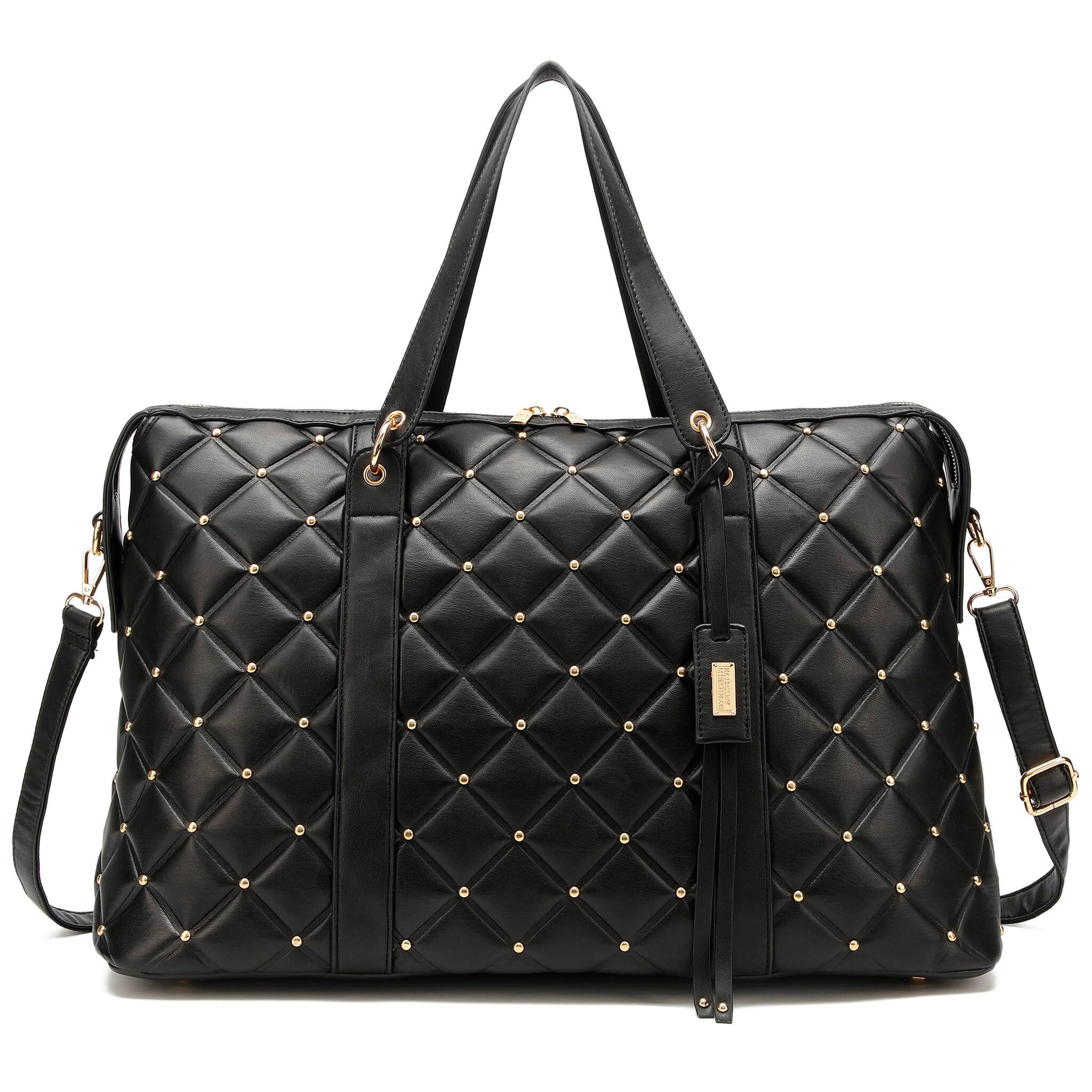 Front. Badgley Mischka - BADGLEY MISCHKA Quilted Vegan Leather Weekender Duffel Bag - Black.