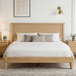 Vipbear - F/Q/K Wooden Bed Frame with Rattan Headboard, Platform Bed Frame with Solid Wood Slat Support, No Box Spring Needed - Nature