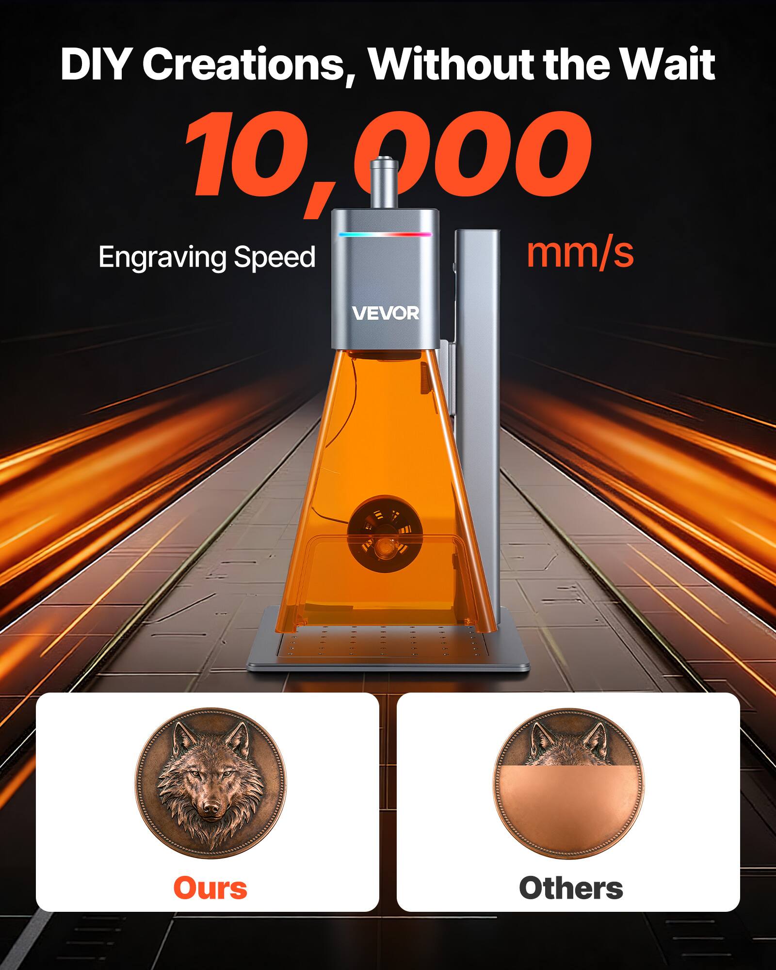 DIY Creations, Without the Wait

10,000 mm/s

Engraving Speed

VEVOR

Ours

Others