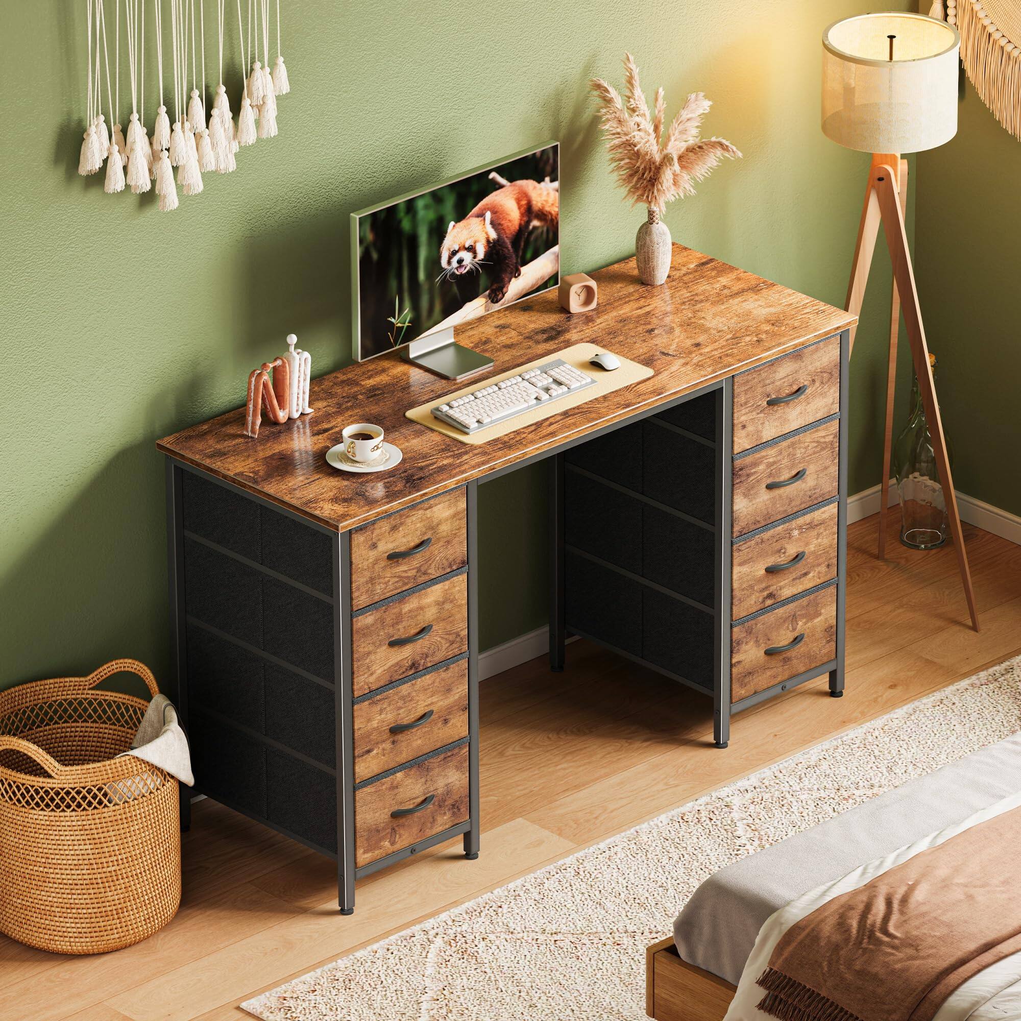 Alt View 5. Fabibe - 47 Inch Computer Desk With 8 Fabric Drawers Office Work For Home Study Gaming Large Storage Rustic Brown - Black 47 inch.